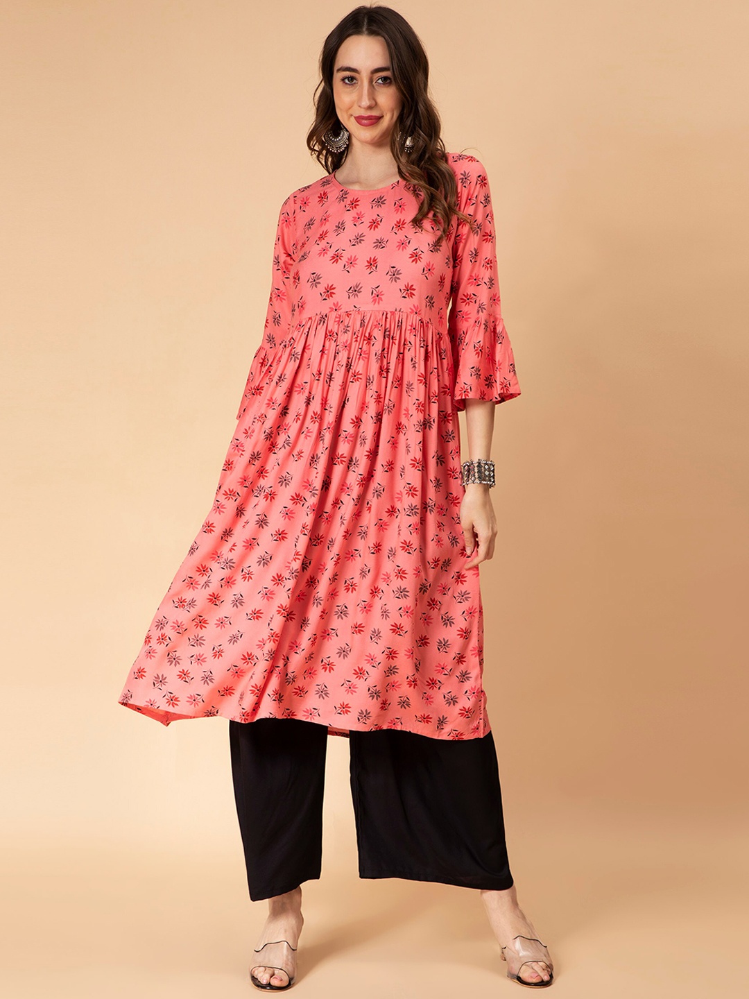 

Fabclub Floral Printed Bell Sleeves Anarkali Kurta with Palazzos, Peach