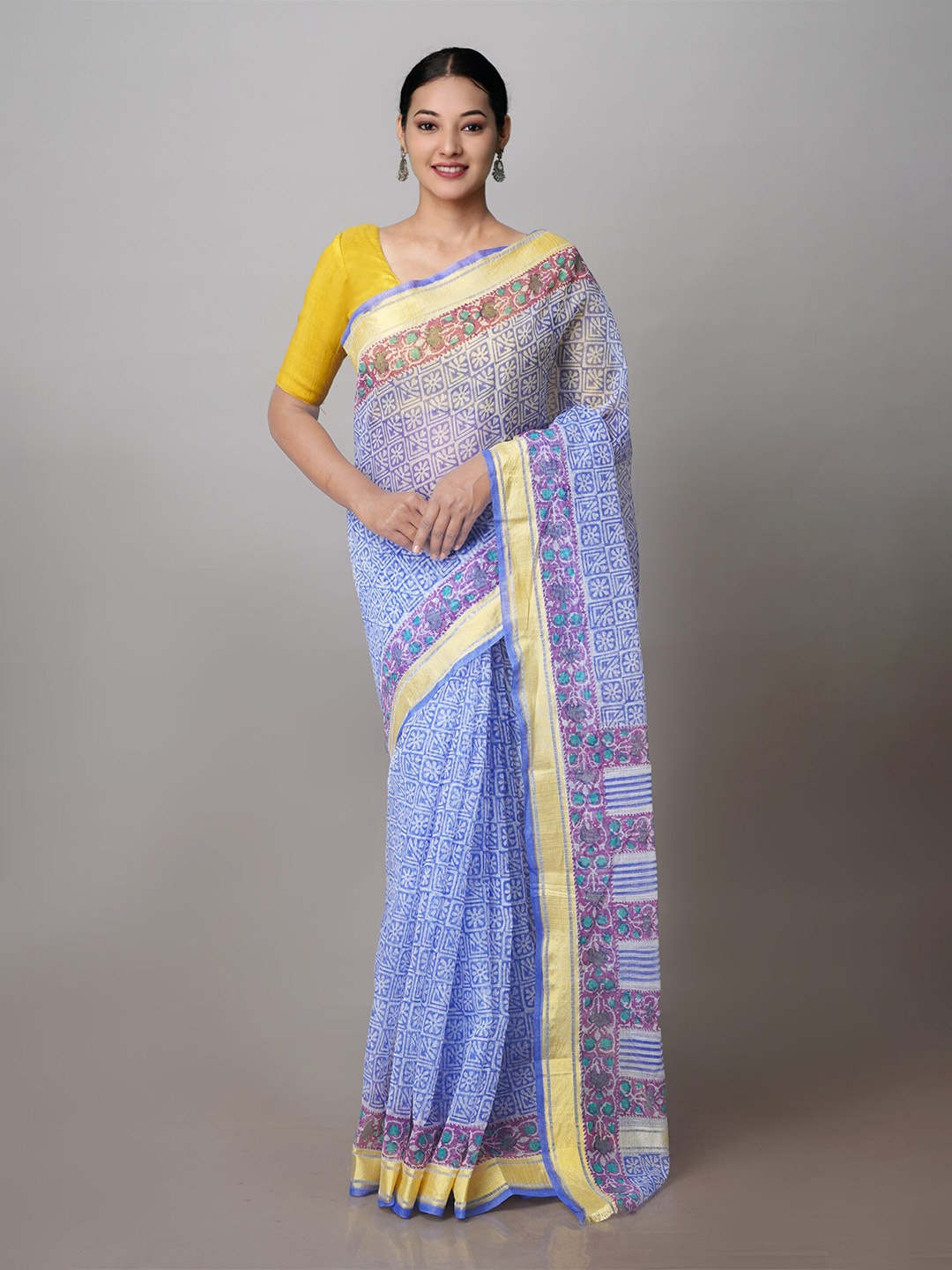 

Unnati Silks Ethnic Block Printed Zari Pure Cotton Kota Saree, Blue