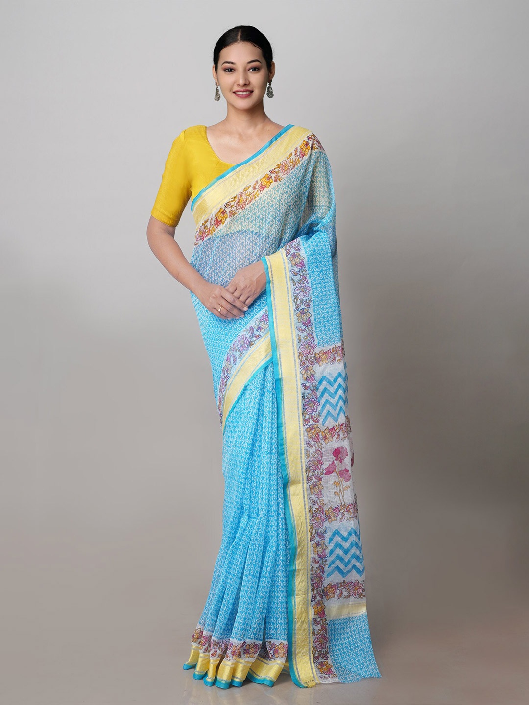 

Unnati Silks Ethnic Printed Zari Pure Cotton Kota Handloom Saree, Turquoise blue