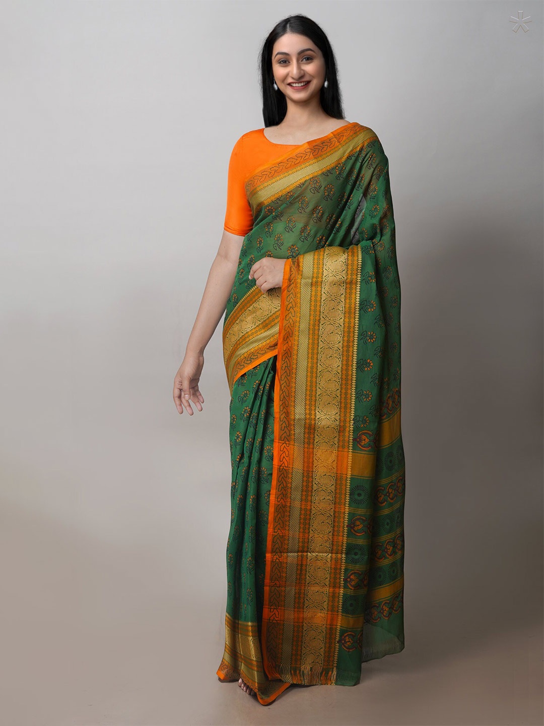 

Unnati Silks Ethnic Motifs Printed Chettinad Saree, Green
