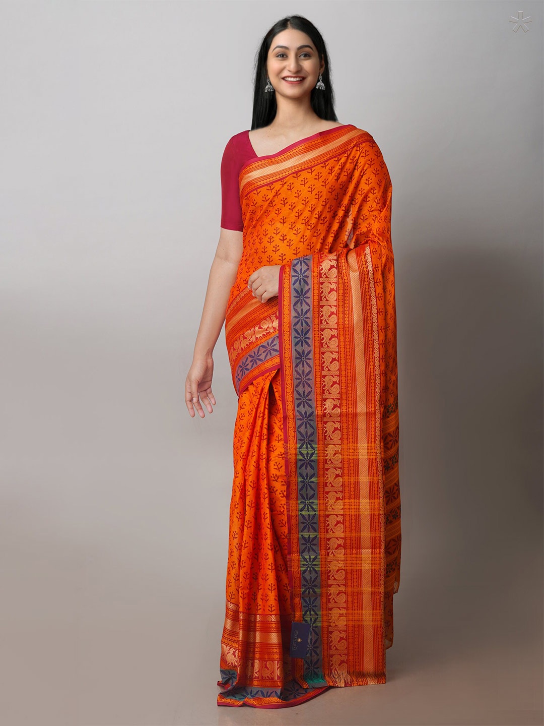 

Unnati Silk Ethnic Motifs Zari Chettinad Pure Cotton Saree, Orange