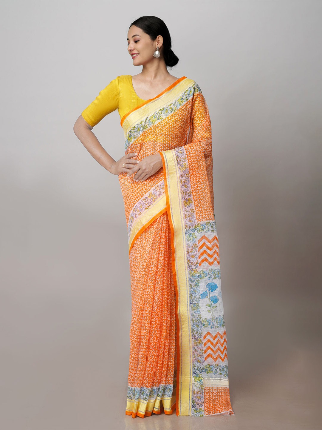 

Unnati Silks Ethnic Printed Zari Pure Cotton Kota Handloom Saree, Orange