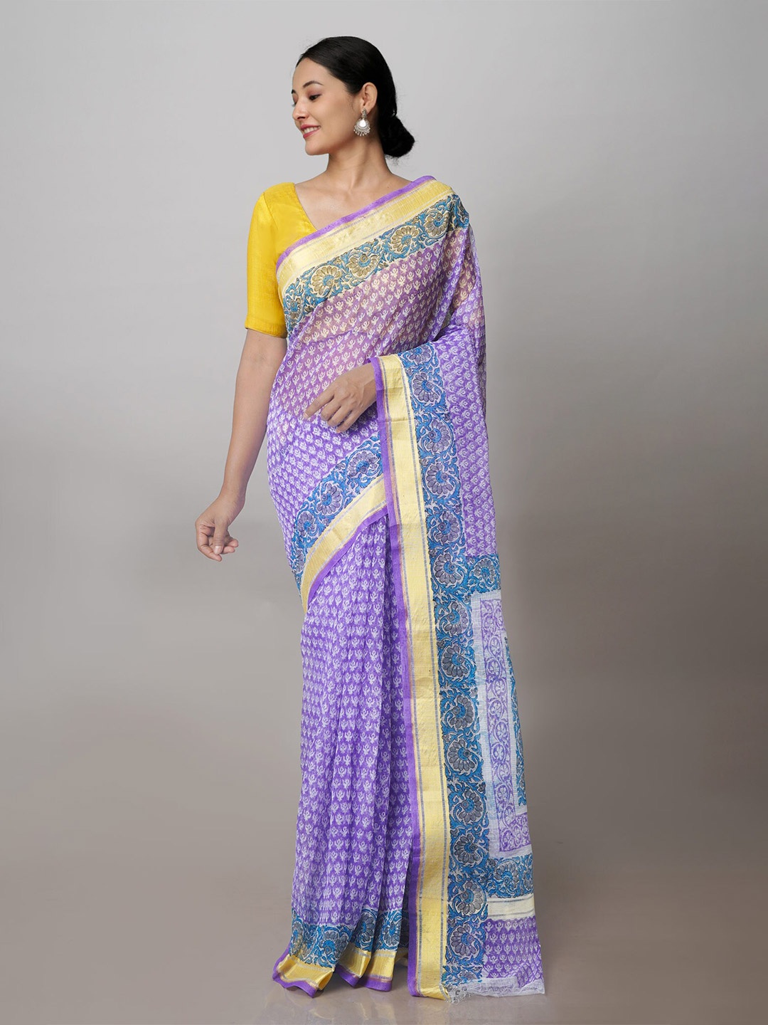 

Unnati Silks Ethnic Printed Zari Pure Cotton Kota Handloom Saree, Violet