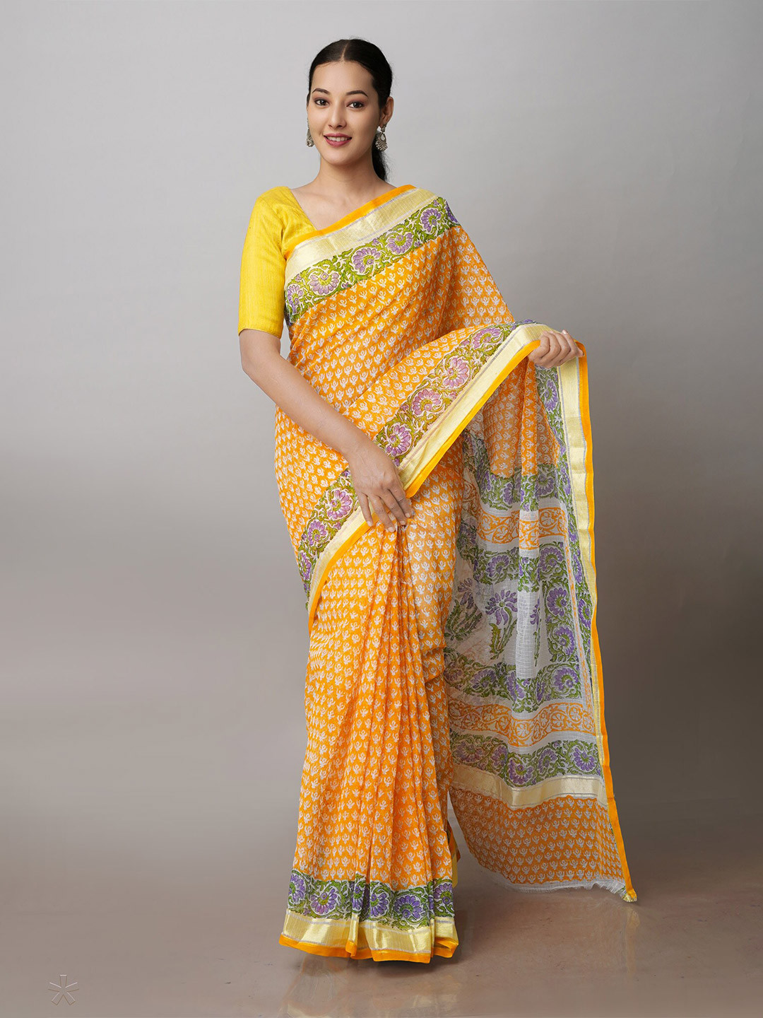 

Unnati Silks Ethnic Printed Zari Pure Cotton Kota Handloom Saree, Orange