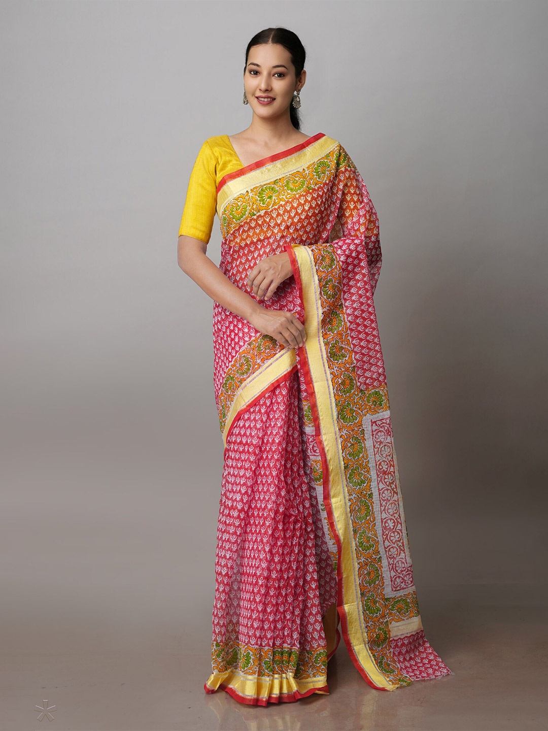 

Unnati Silks Ethnic Printed Zari Pure Cotton Kota Handloom Saree, Red