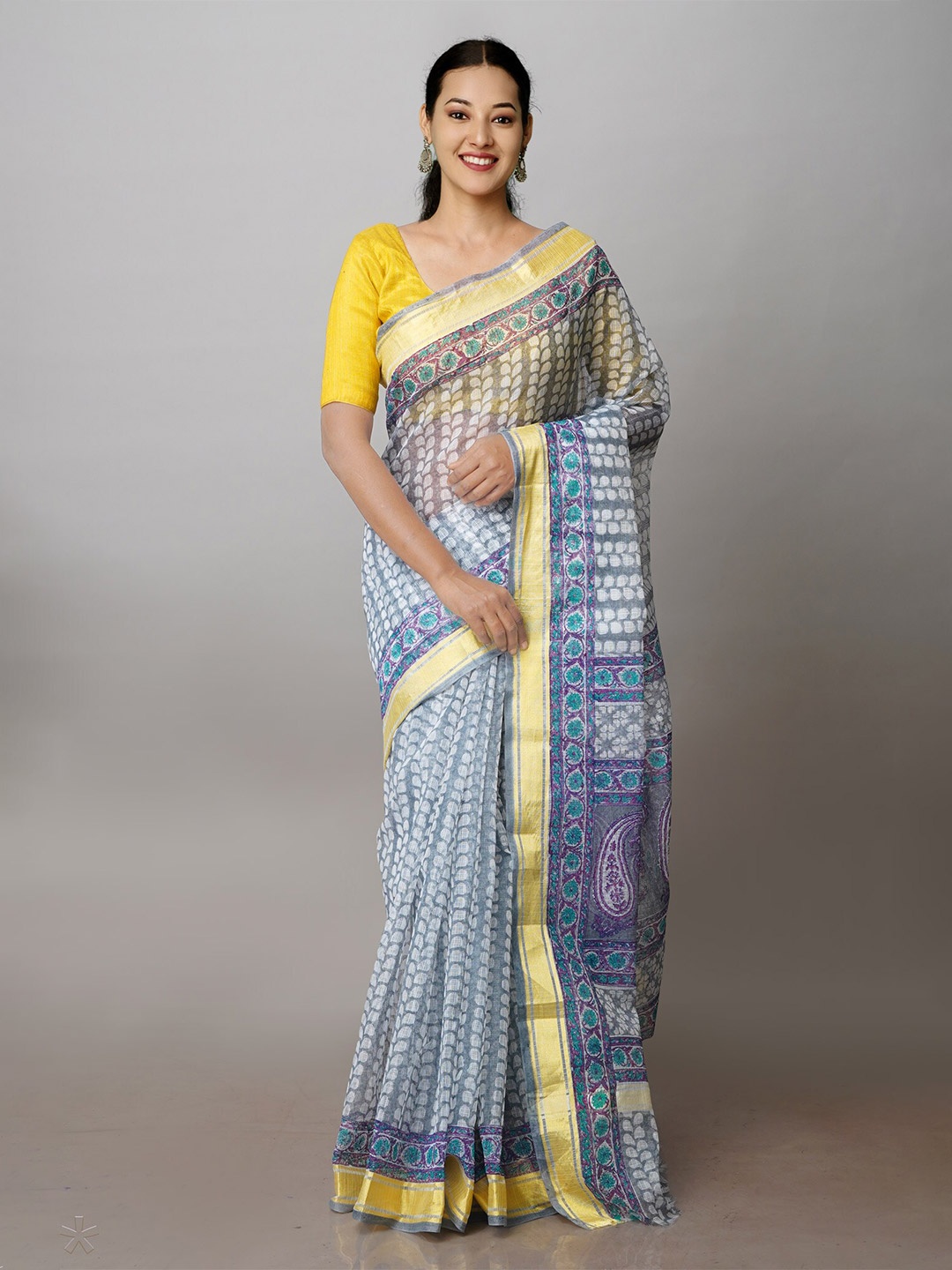 

Unnati Silks Ethnic Printed Zari Pure Cotton Kota Handloom Saree, Grey