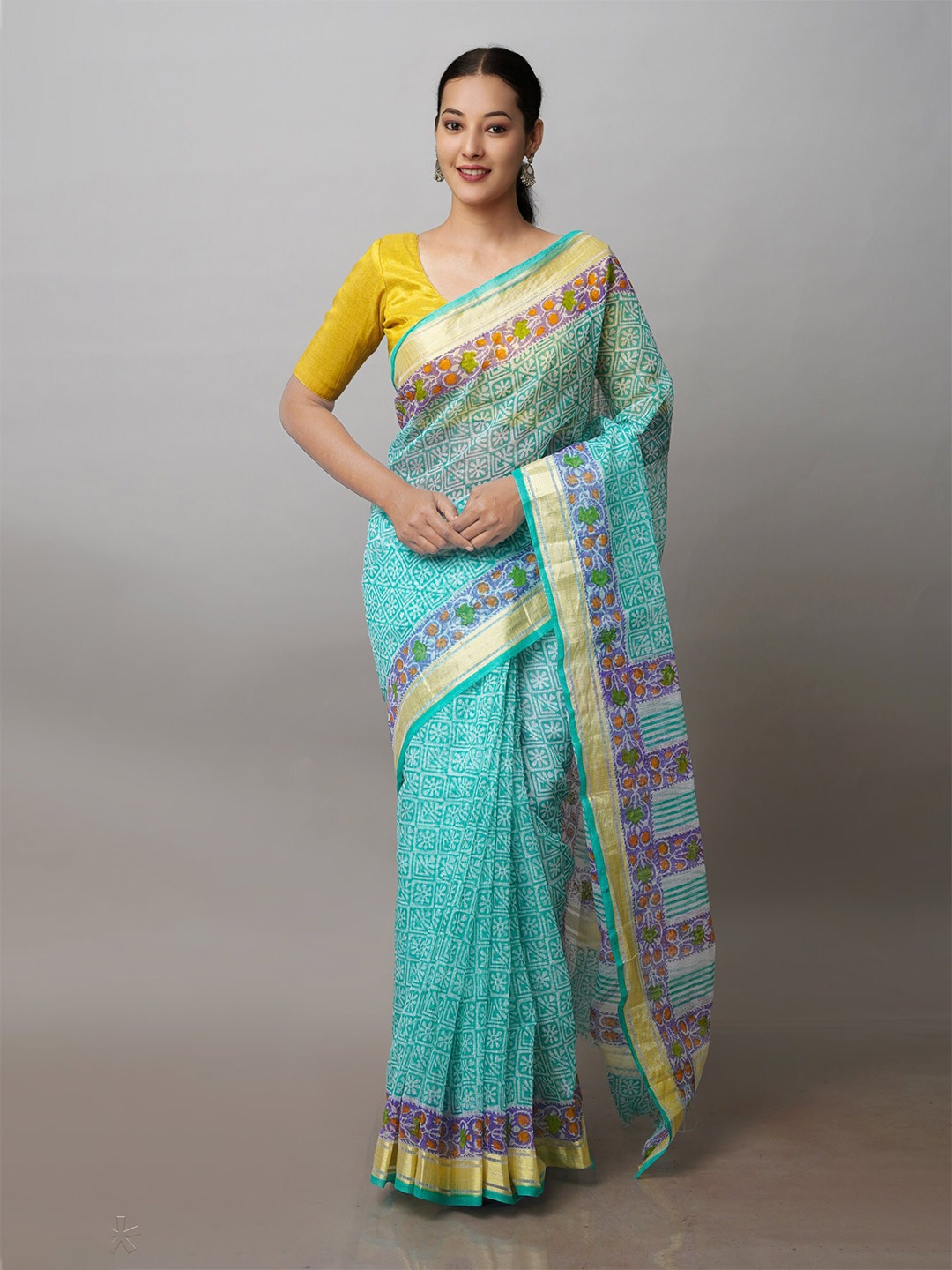 

Unnati Silks Ethnic Motifs Zari Kota Pure Cotton Saree, Turquoise blue
