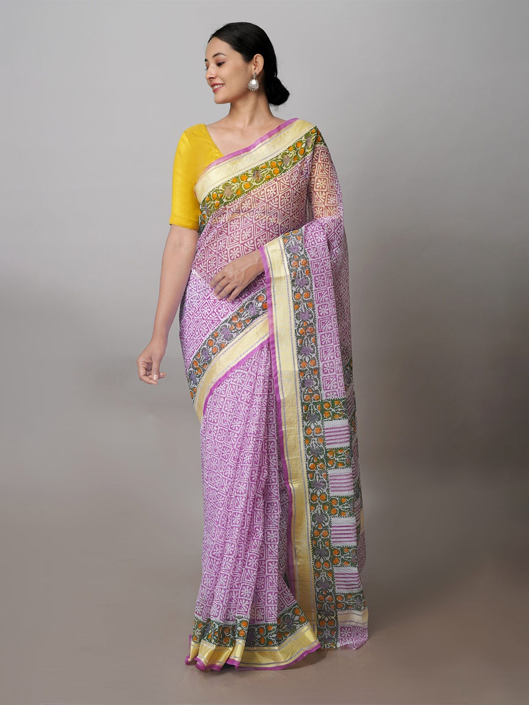 

Unnati Silks Floral Printed Zari Pure Cotton Kota Handloom Saree, Pink