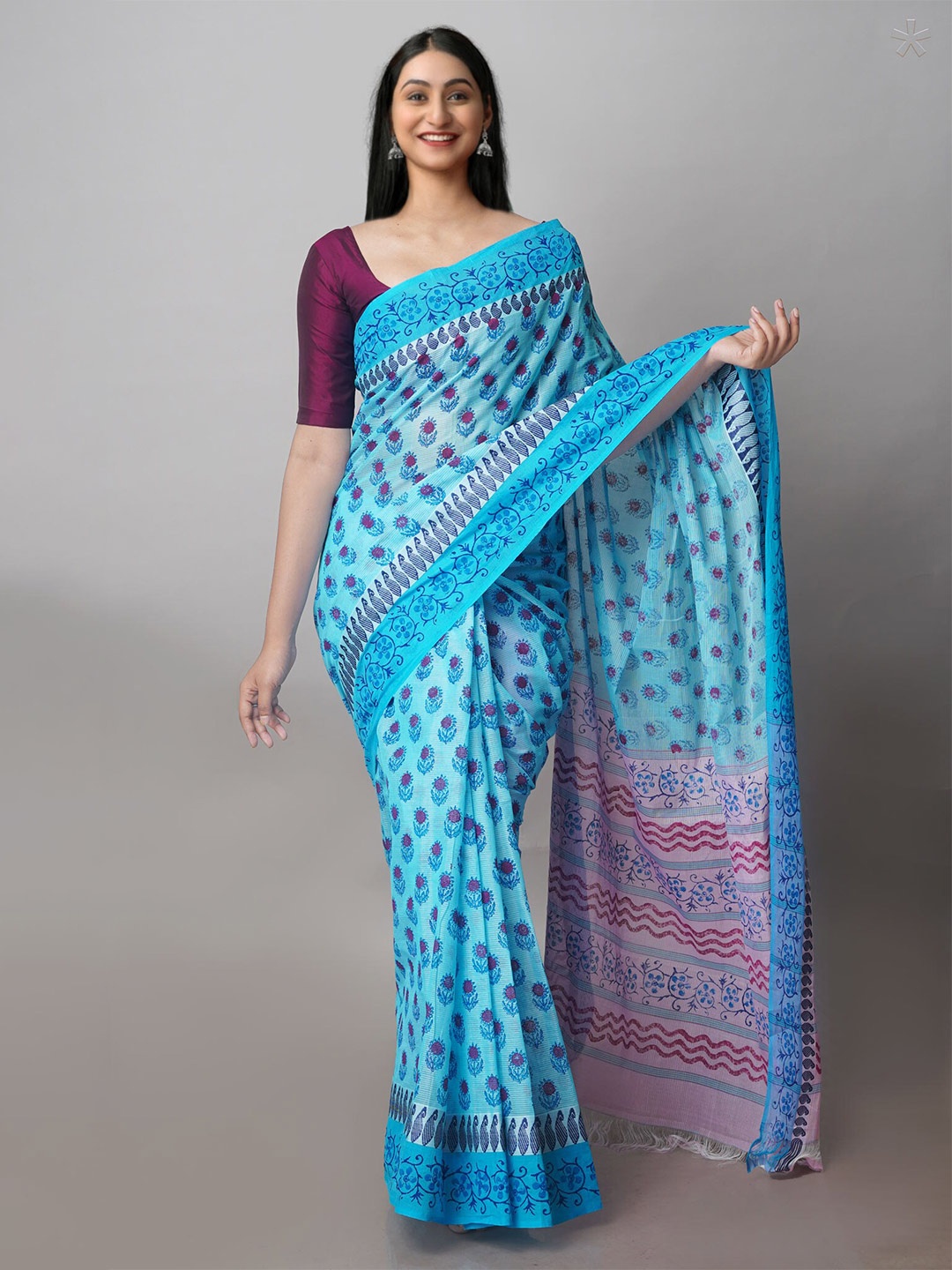 

Unnati Silks Ethnic Motifs Printed Mangalagiri Saree, Blue