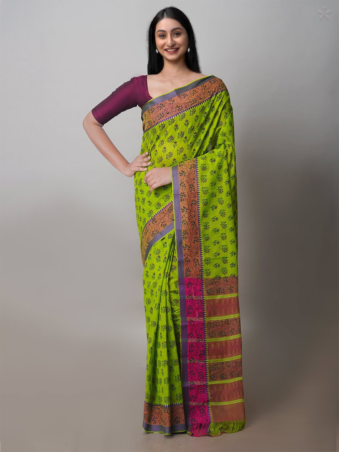 

Unnati Silks Floral Printed Mangalagiri Saree, Green