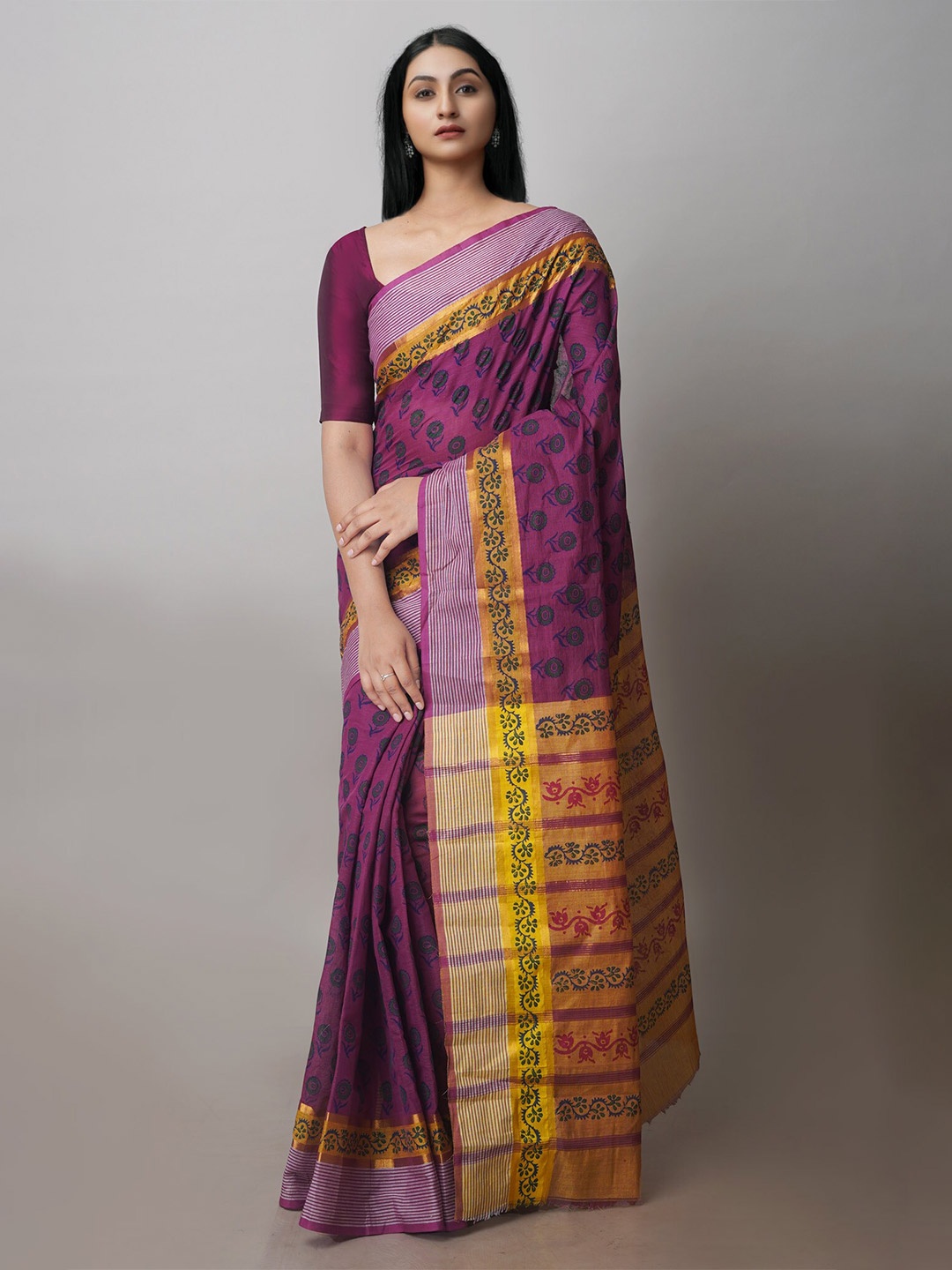 

Unnati Silks Purple & Yellow Ethnic Motifs Zari Mangalagiri Saree