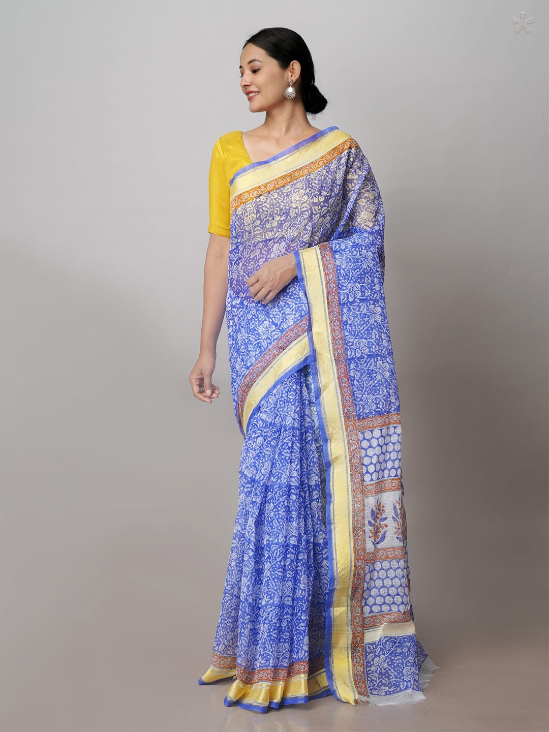 

Unnati Silks Floral Block Printed Zari Pure Cotton Kota Handloom Saree, Blue