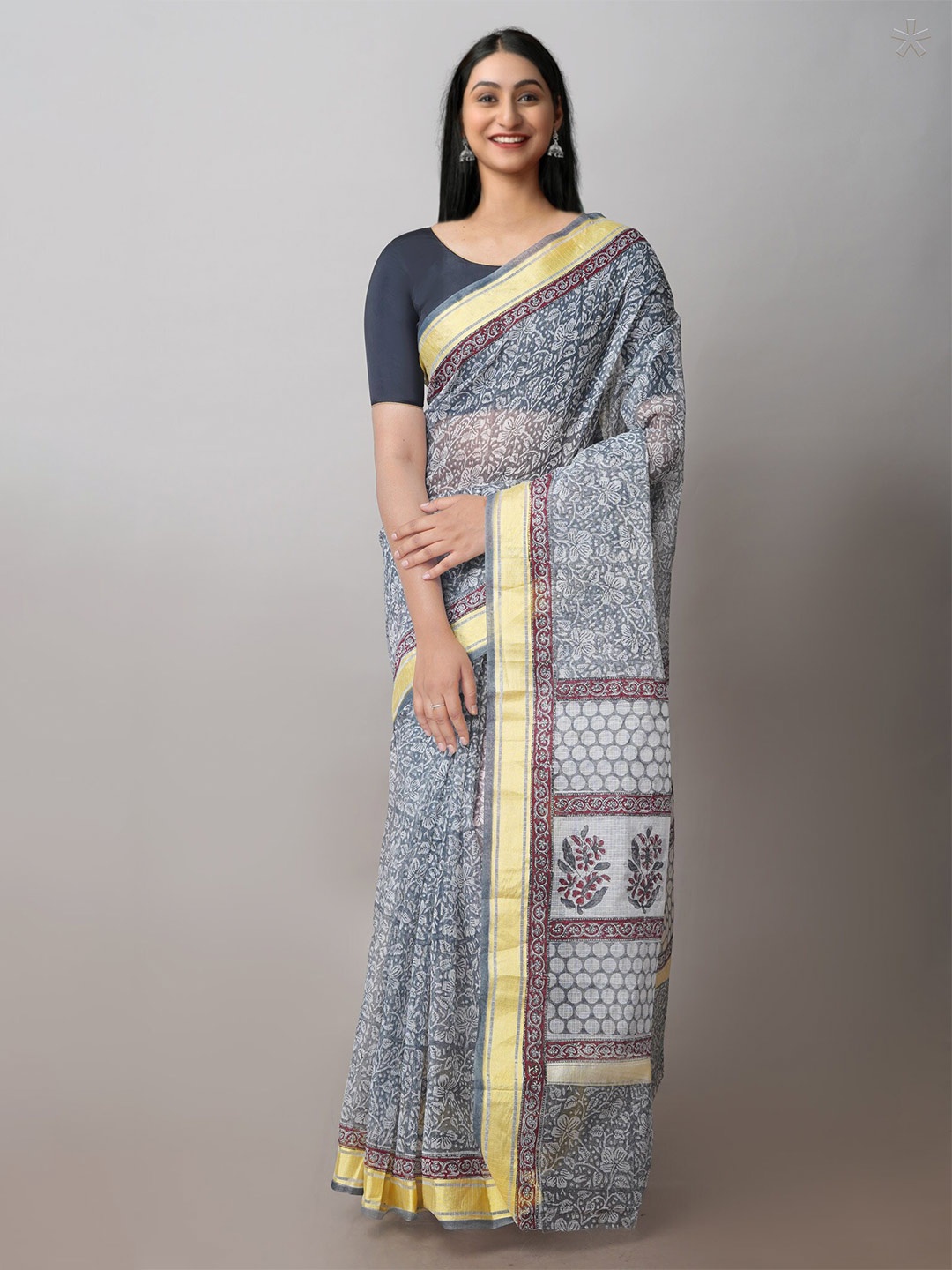 

Unnati Silks Floral Block Printed Zari Pure Cotton Kota Saree, Grey