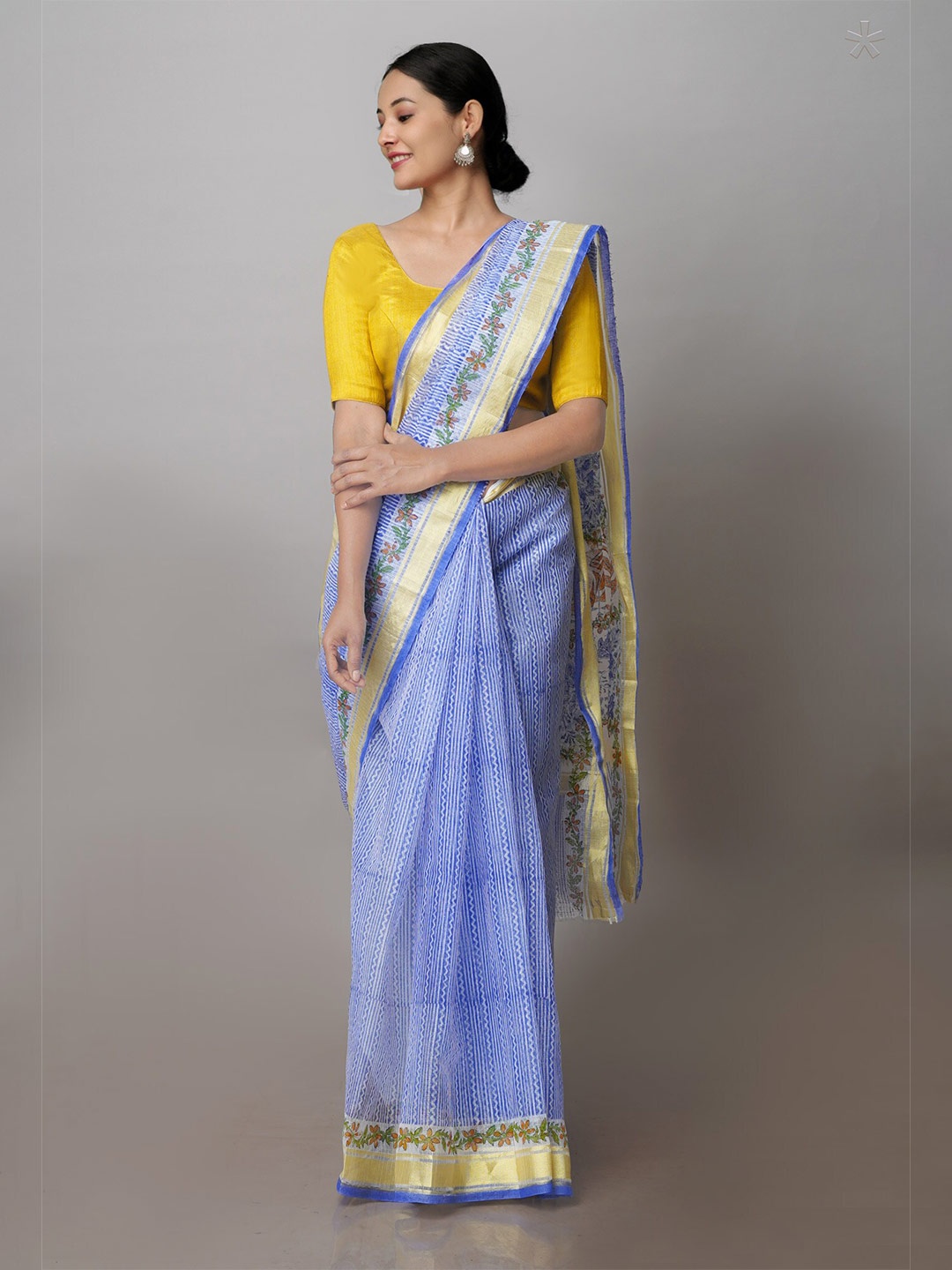 

Unnati Silks Ethnic Printed Zari Pure Cotton Kota Handloom Saree, Blue