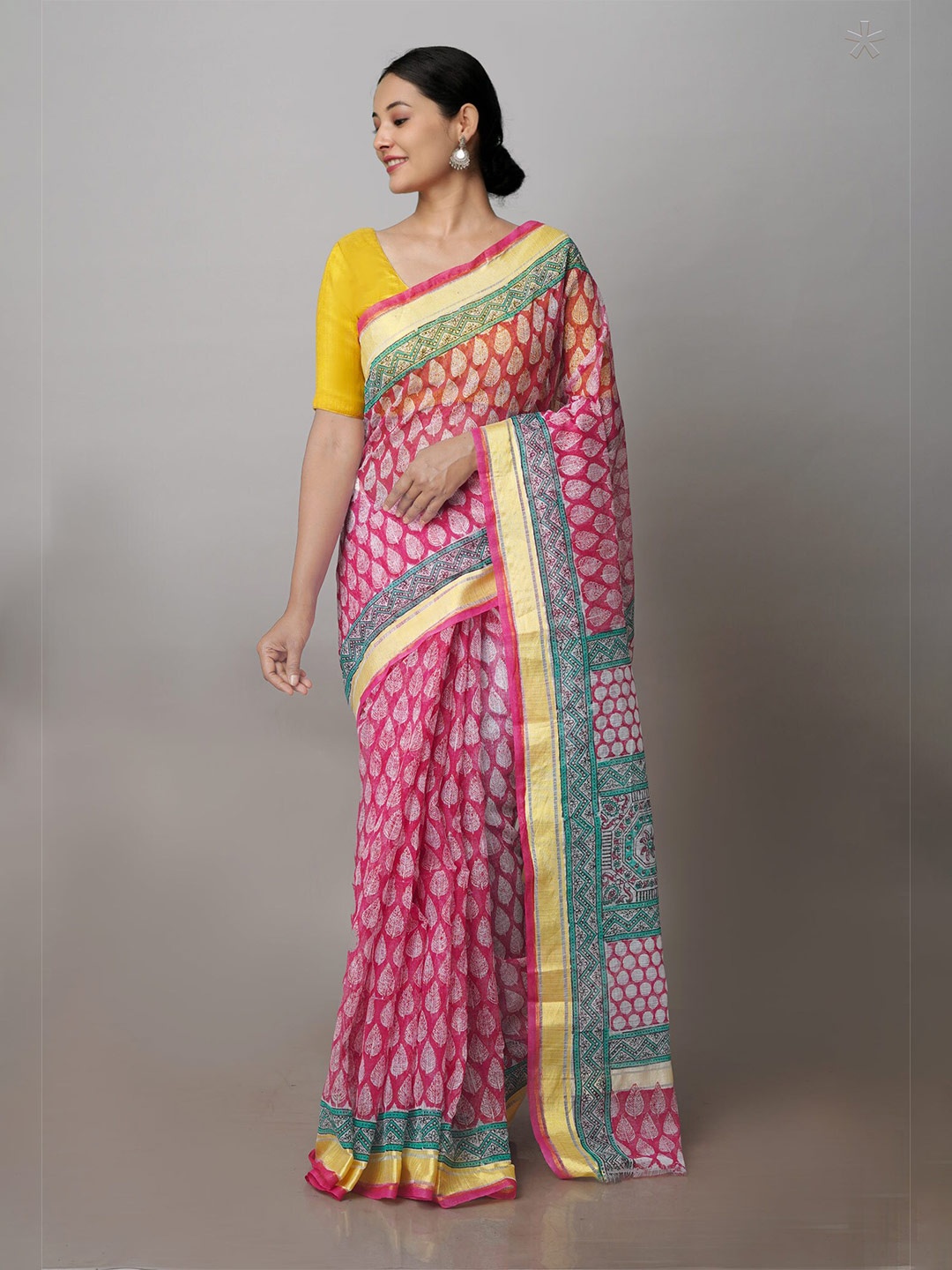 

Unnati Silks Floral Printed Zari Pure Cotton Kota Handloom Saree, Pink