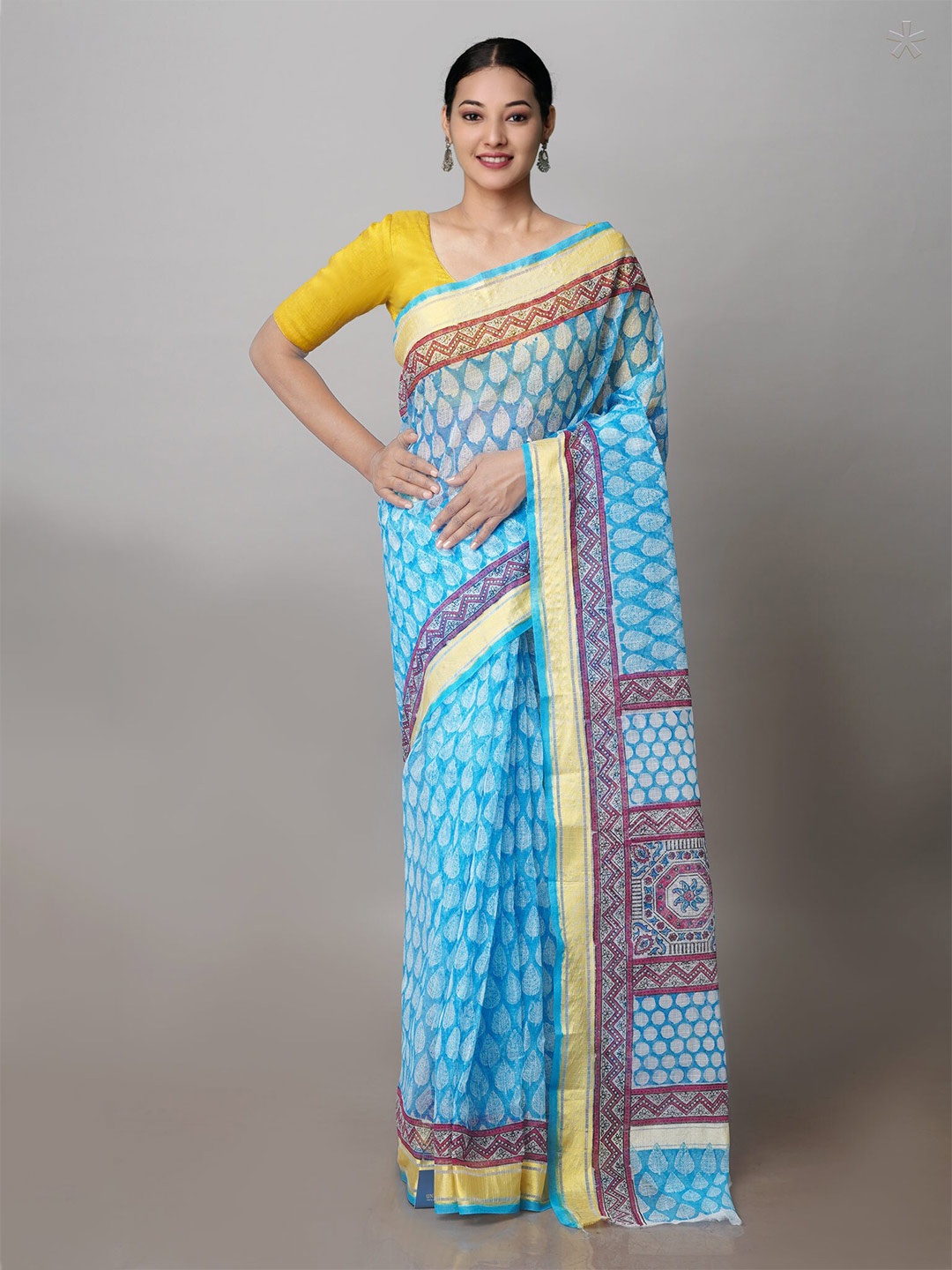 

Unnati Silks Ethnic Motifs Kota Block Printed Pure Cotton Zari Saree, Blue