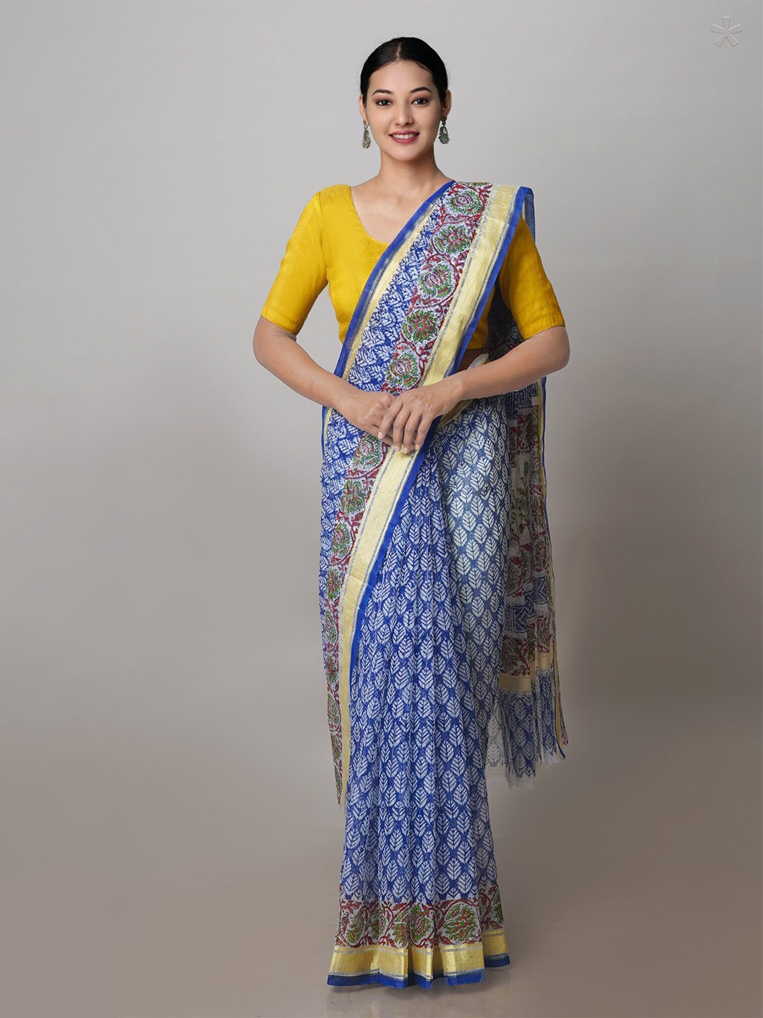 

Unnati Silks Ethnic Printed Zari Pure Cotton Kota Handloom Saree, Blue
