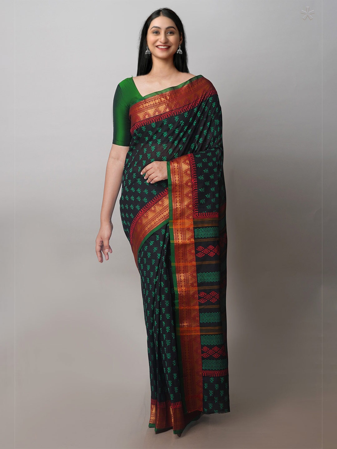 

Unnati Silks Ethnic Motifs Block Printed Zari Chettinad Saree, Black