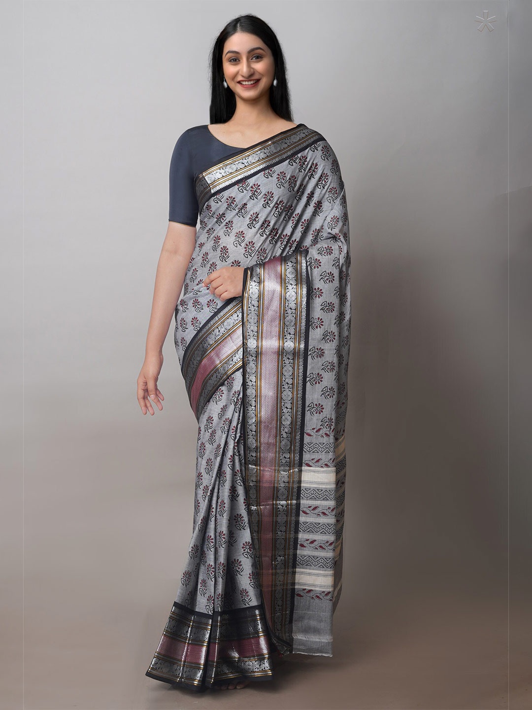 

Unnati Silks Ethnic Printed Zari Chettinad Saree, Grey