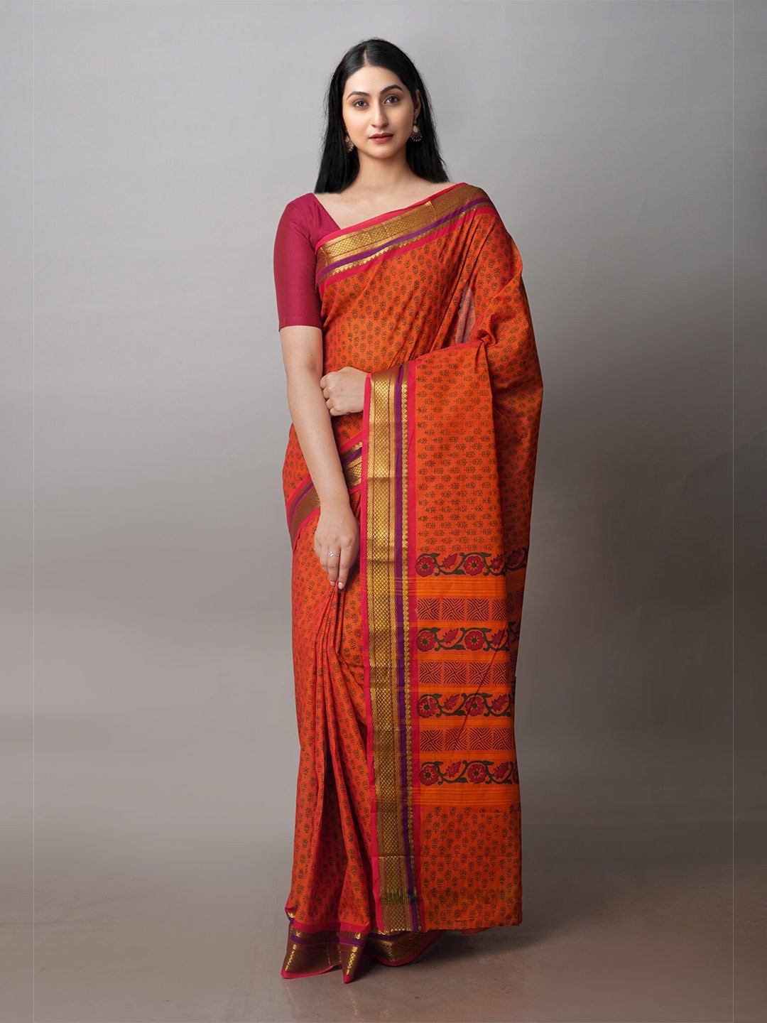 

Unnati Silks Ethnic Printed Zari Chettinad Saree, Orange