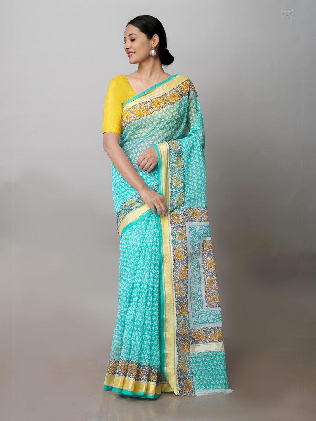 

Unnati Silks Floral Block Printed Zari Pure Cotton Kota Saree, Blue