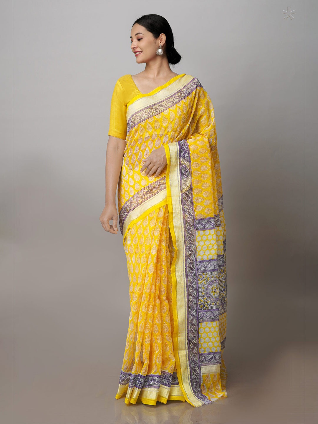 

Unnati Silks Floral Printed Zari Pure Cotton Kota Handloom Saree, Yellow