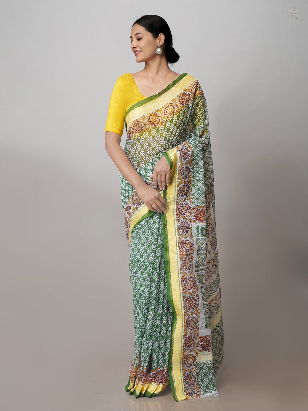 

Unnati Silks Ethnic Motifs Printed Zari Pure Cotton Handloom Kota Saree, Green