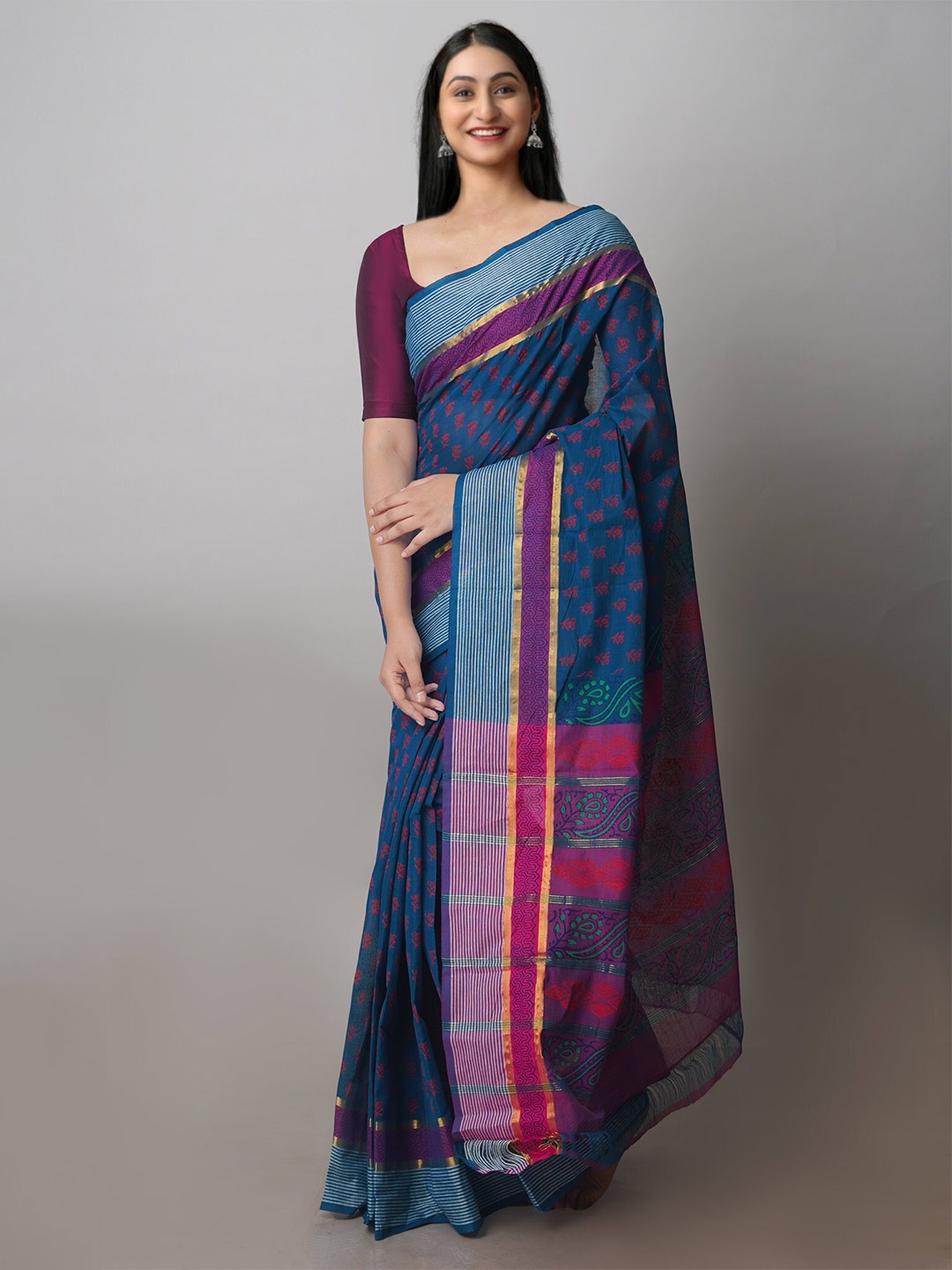 

Unnati Silks Ethnic Motifs Zari Mangalagiri Saree, Blue