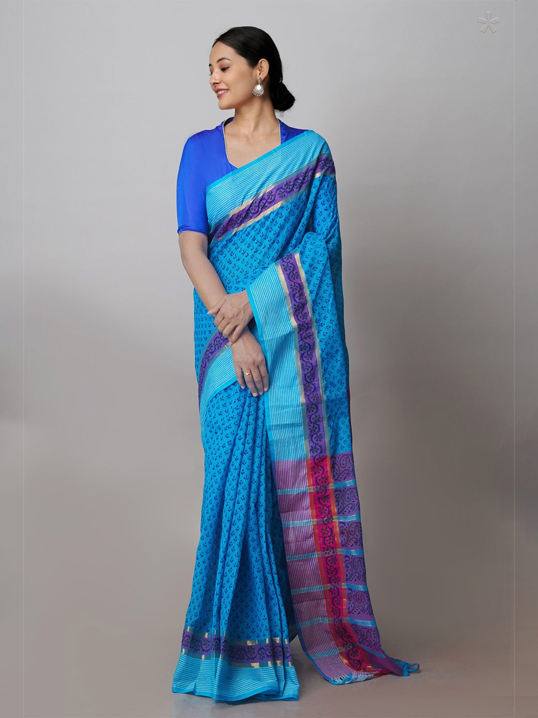 

Unnati Silks Ethnic Motifs Printed Zari Mangalagiri Saree, Blue
