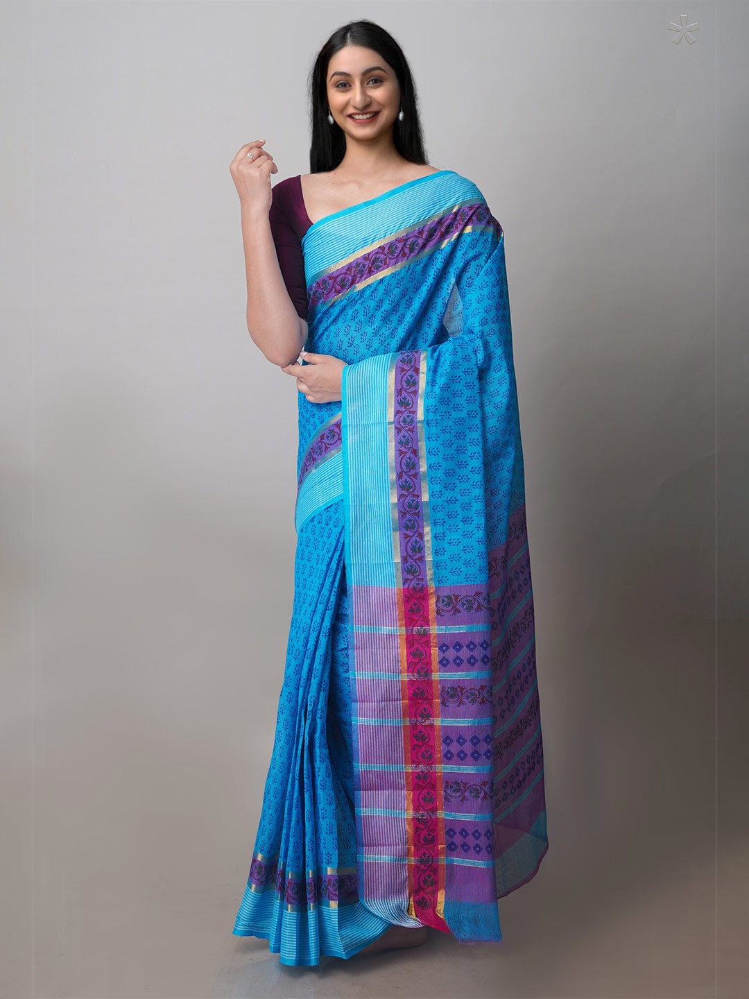 

Unnati Silks Floral Printed Zari Mangalagiri Saree, Blue
