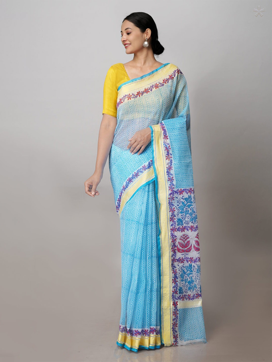 

Unnati Silks Ethnic Printed Zari Pure Cotton Kota Handloom Saree, Blue