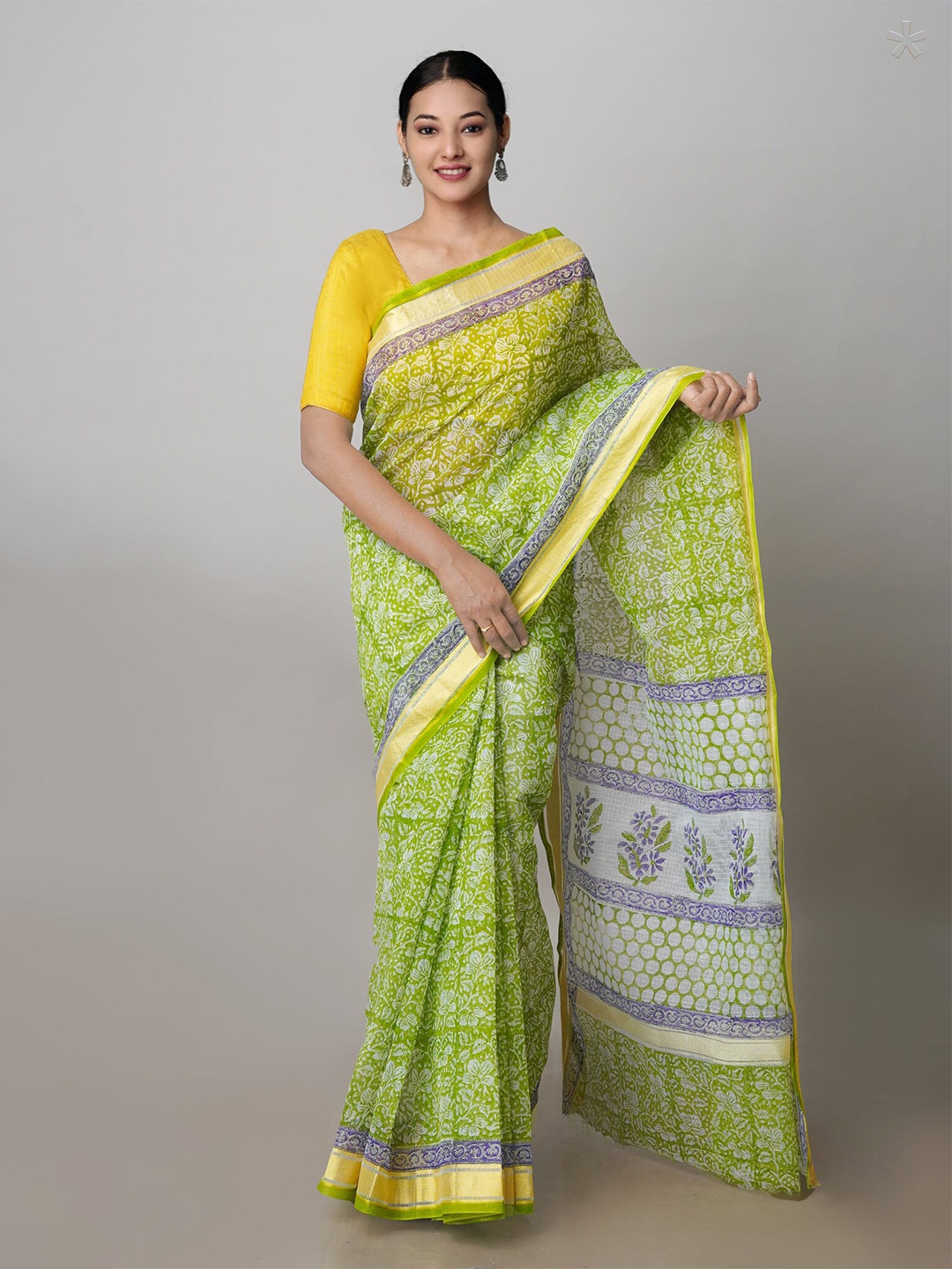 

Unnati Silks Floral Block Printed Zari Pure Cotton Kota Handloom Saree, Green