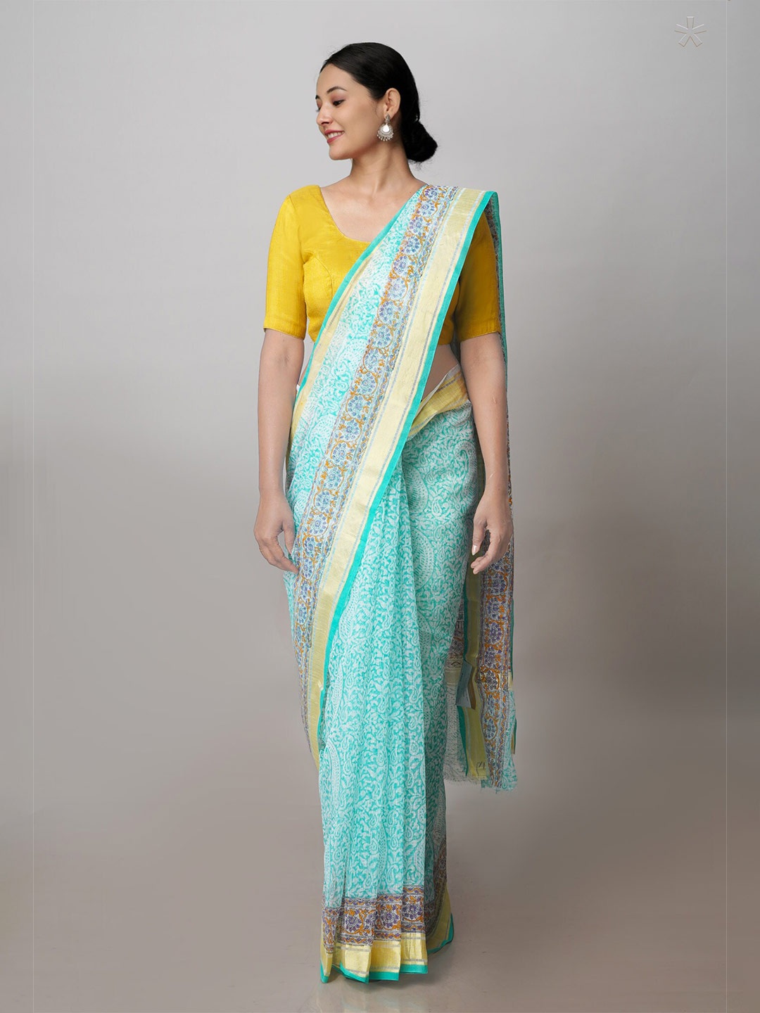 

Unnati Silks Ethnic Block Printed Zari Pure Cotton Kota Handloom Saree, Green