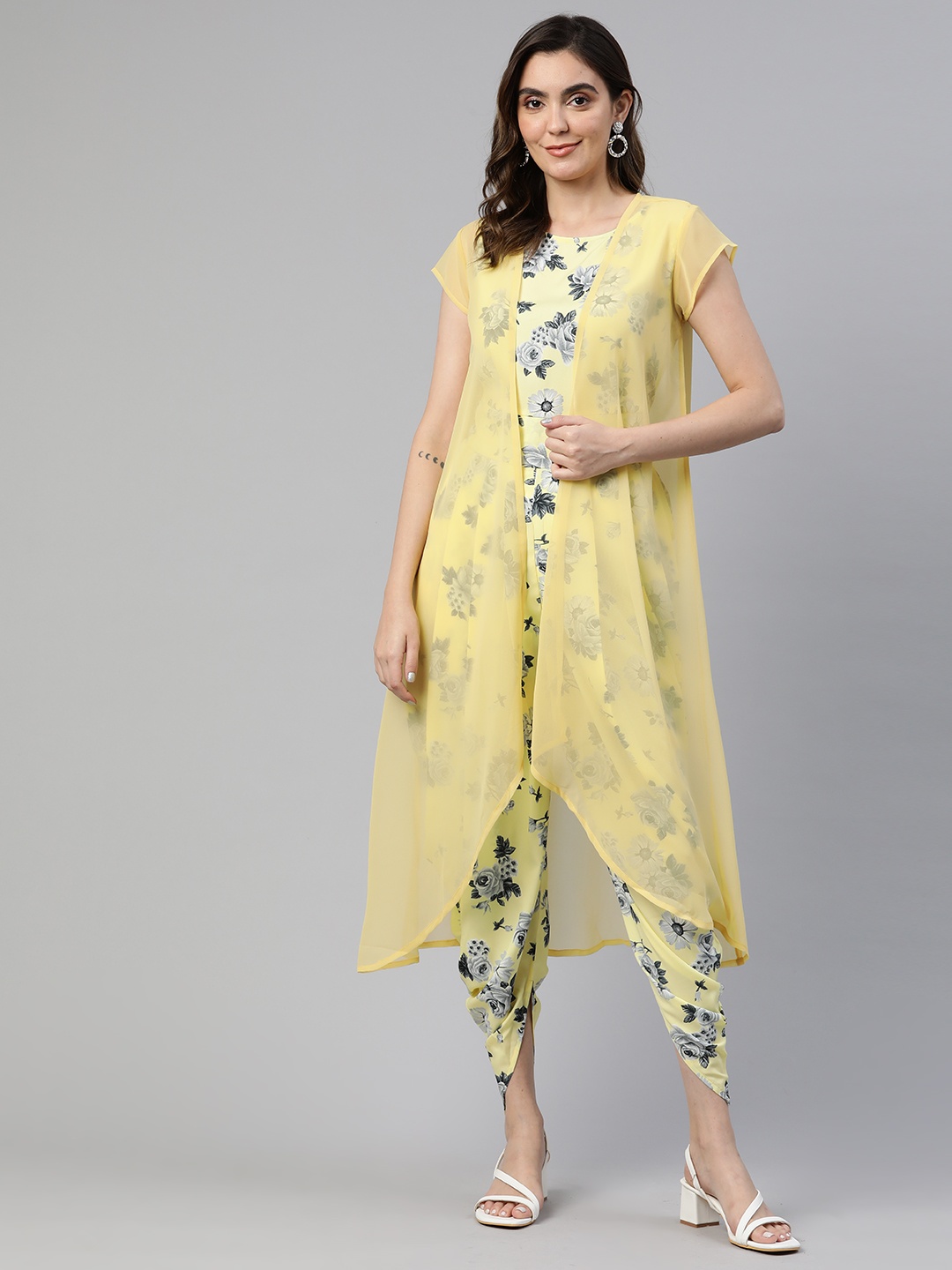 

Cottinfab Printed Culotte Jumpsuit with Shrug, Yellow