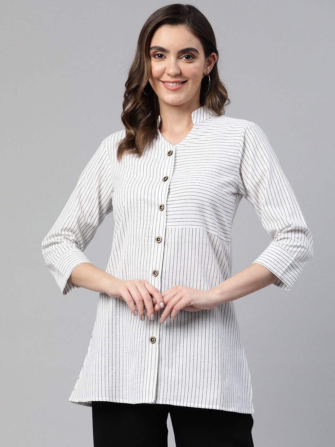 

Cottinfab Striped Mandarin Collar Cotton Longline Top, White