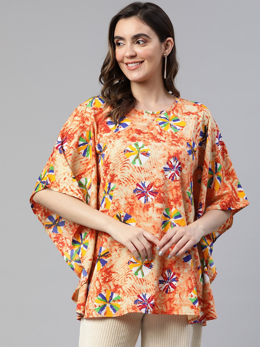 

Cottinfab Geometric Print Kimono Sleeve Crepe Kaftan Longline Top, Orange