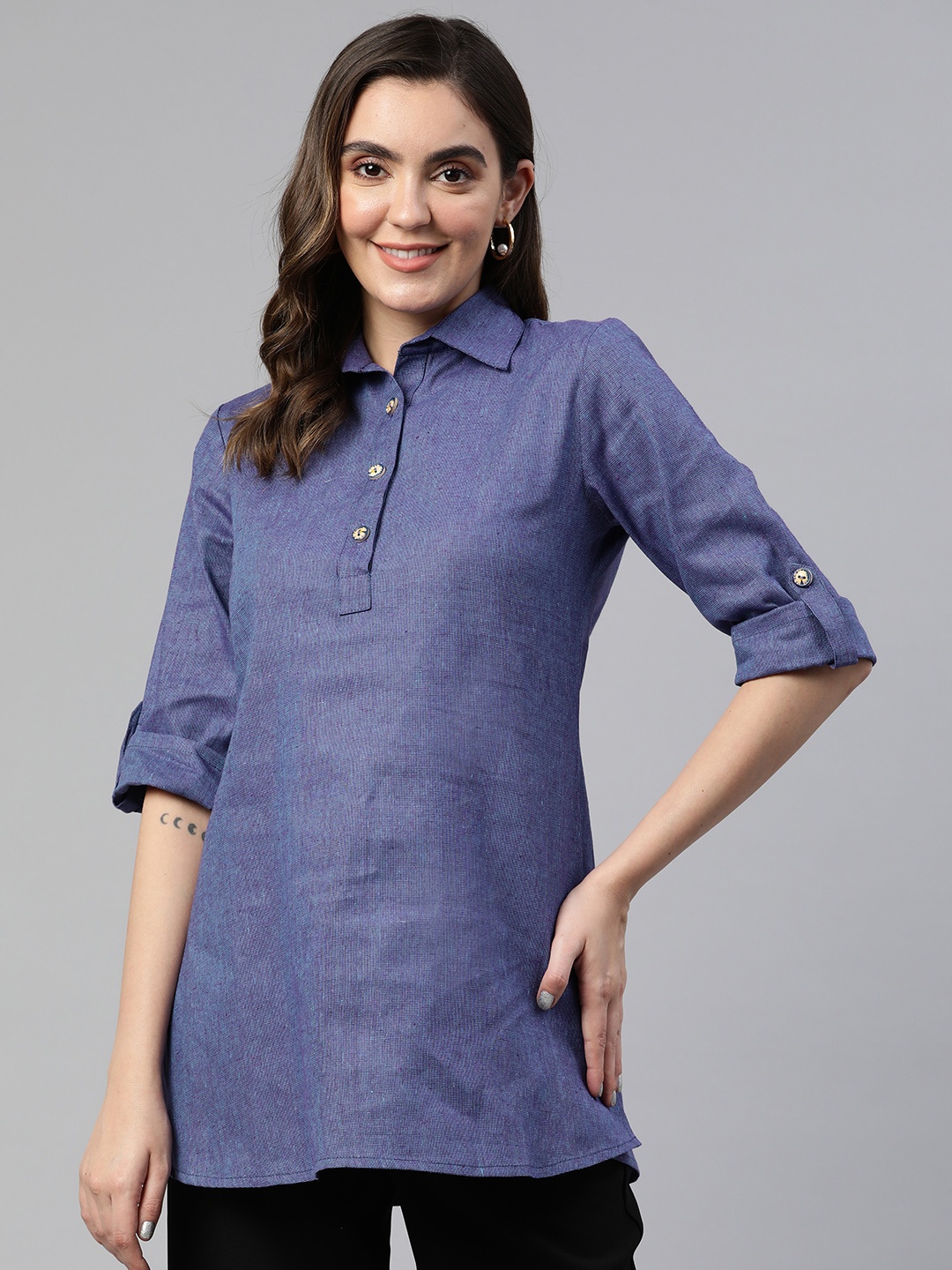 

Cottinfab Roll-Up Sleeves Cotton Shirt Style Longline Top, Blue