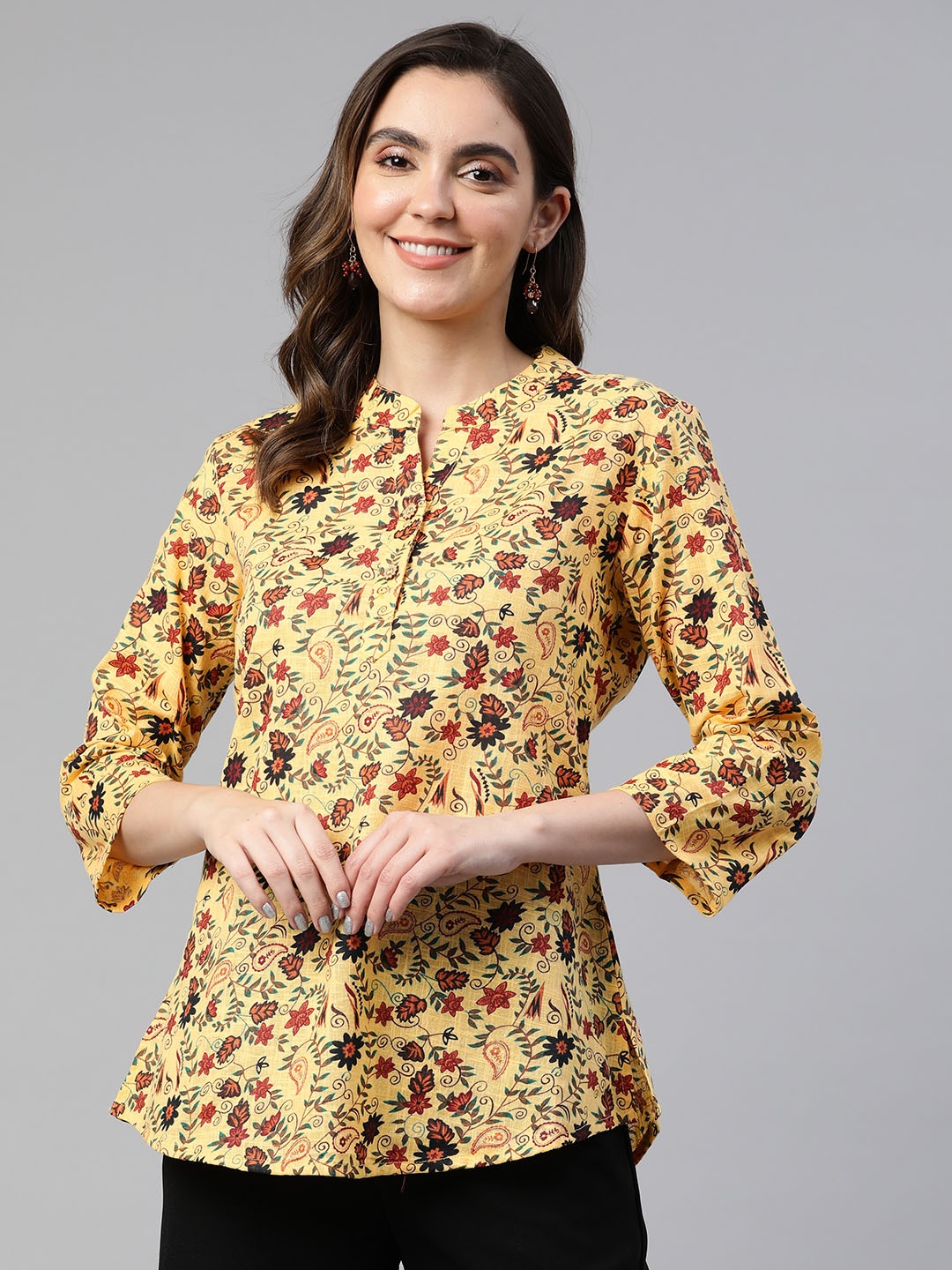 

Cottinfab Floral Print Mandarin Collar Cotton Top, Yellow