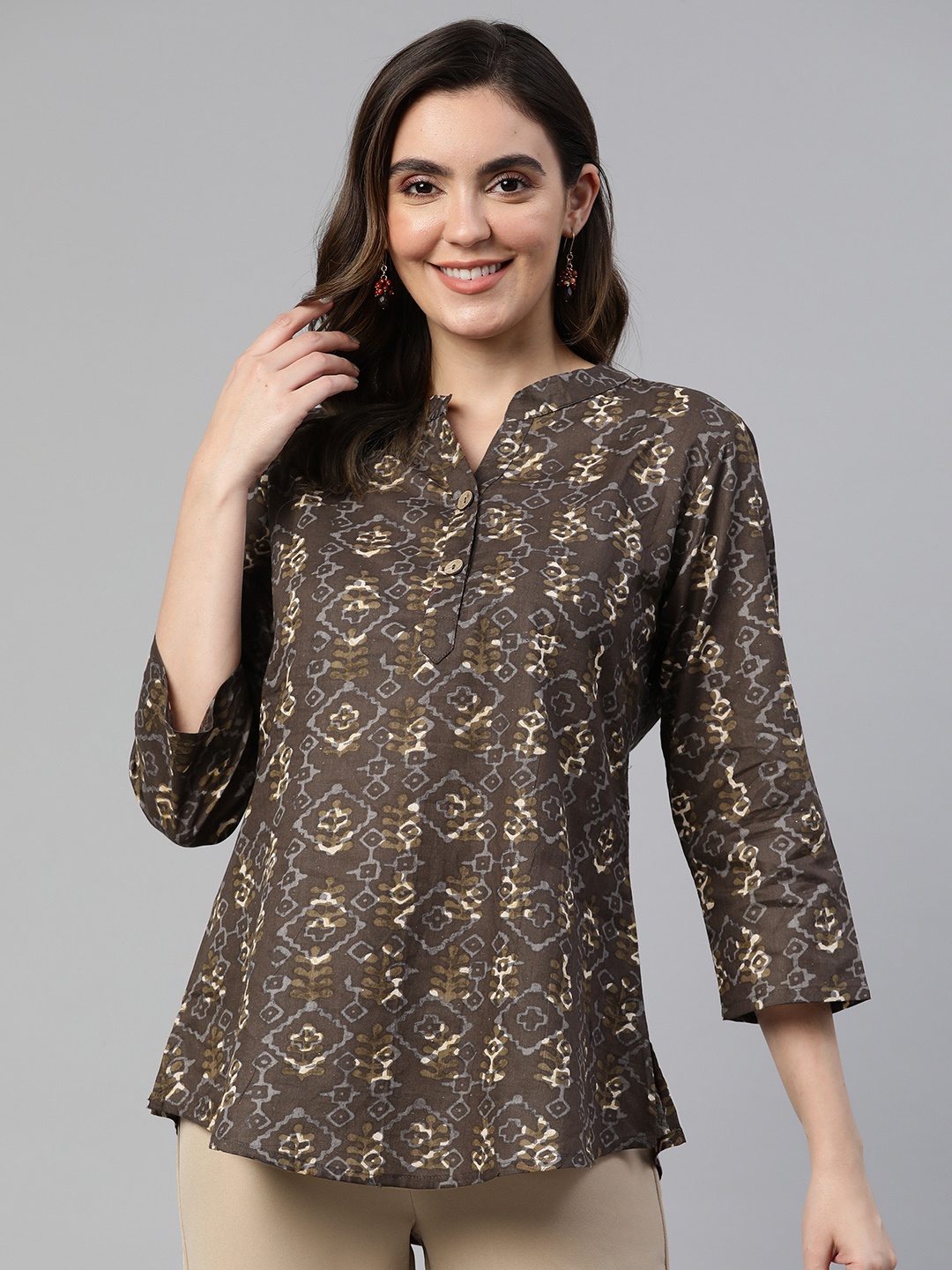 

Cottinfab Geometric Print Mandarin Collar Cotton Longline Top, Brown