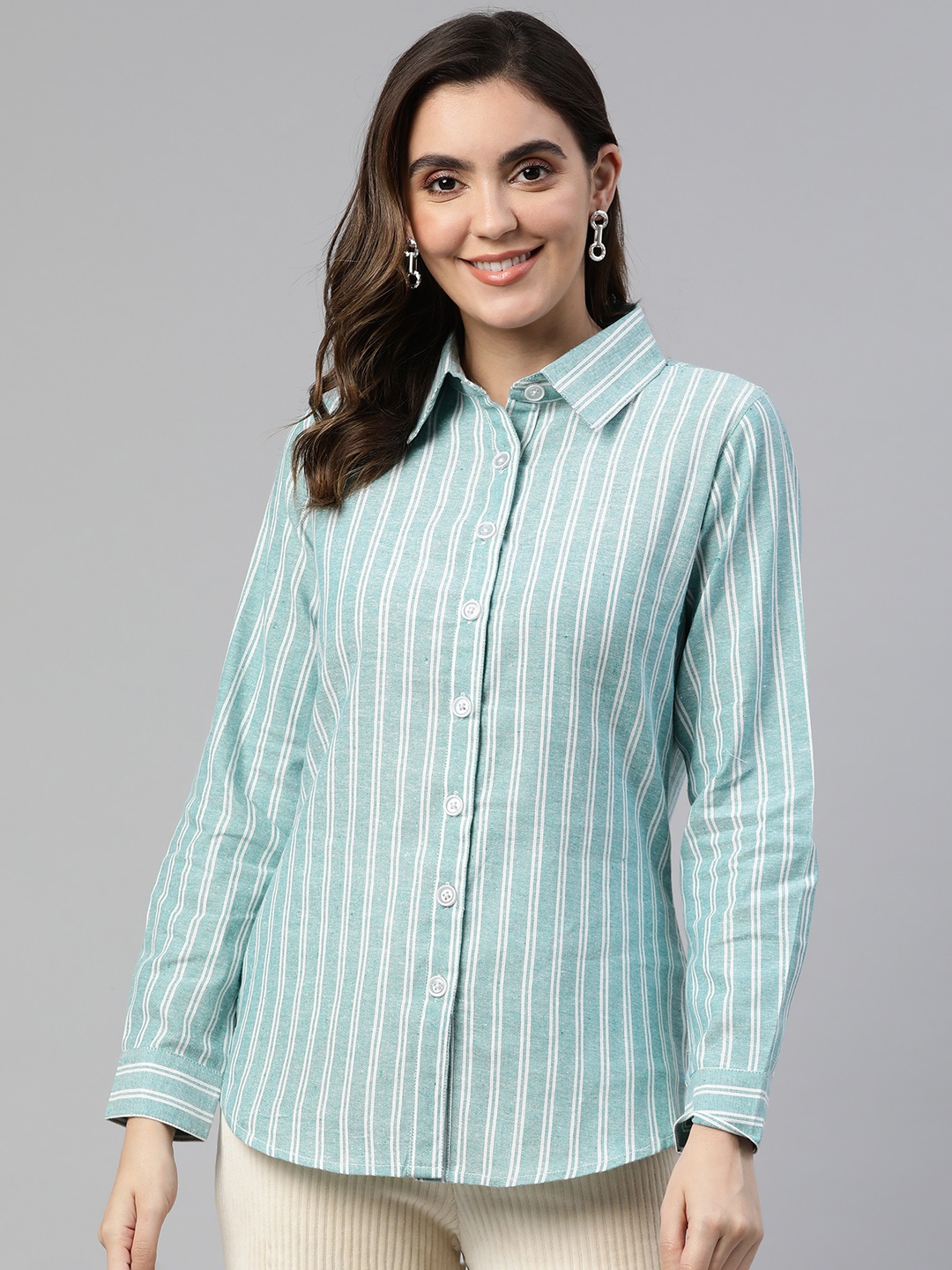 

Cottinfab Striped Opaque Cotton Casual Shirt, Sea green