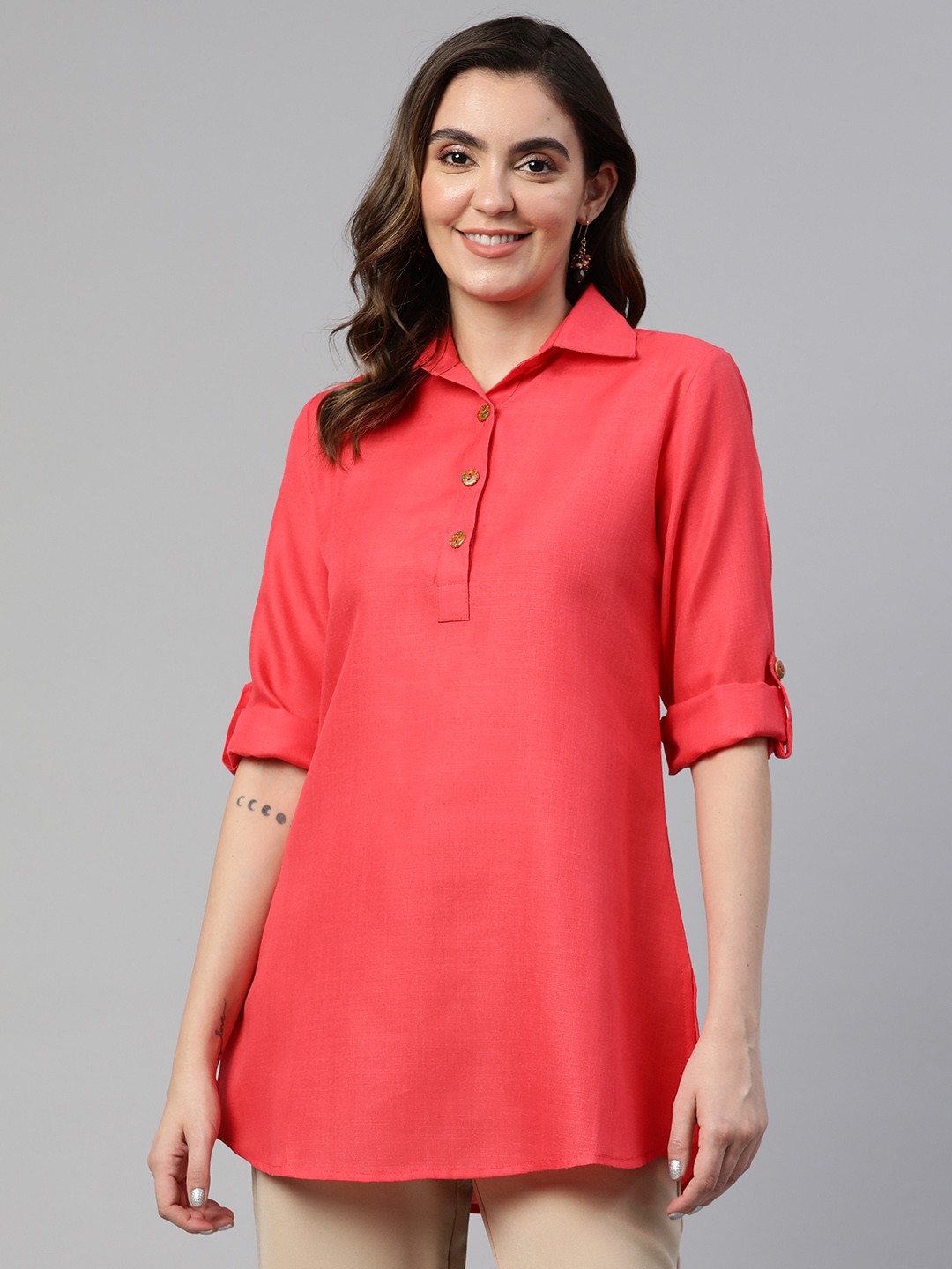 

Cottinfab Roll-Up Sleeves Shirt Style Longline Top, Coral