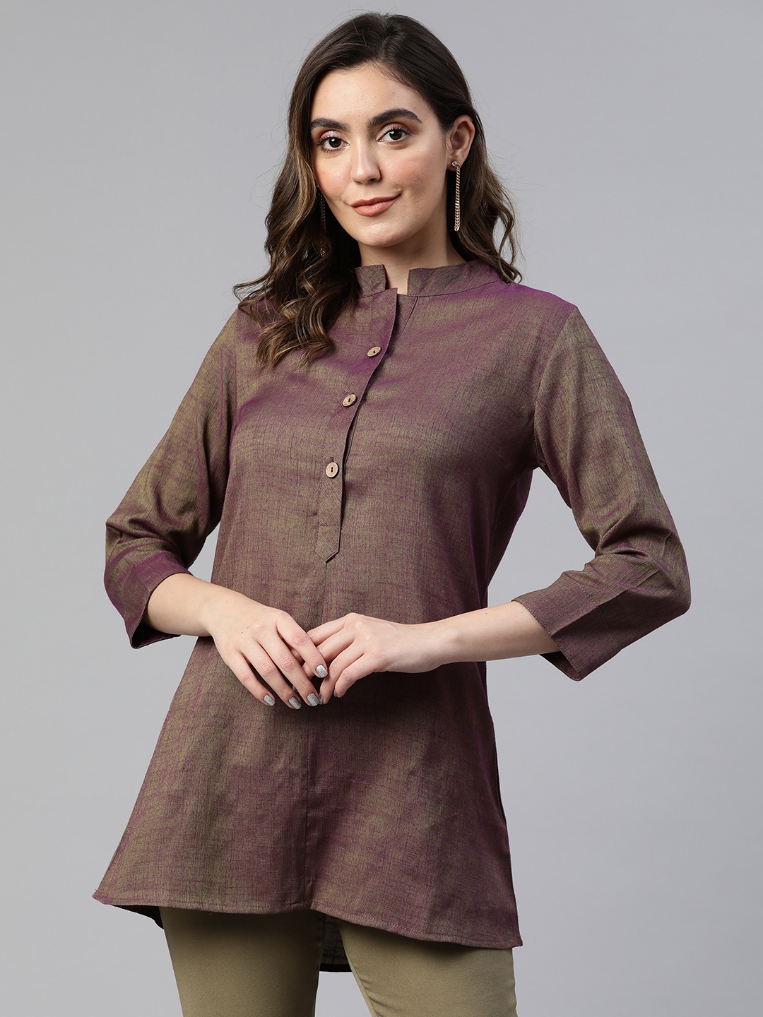 

Cottinfab Mandarin Collar Shirt Style Longline Top, Purple
