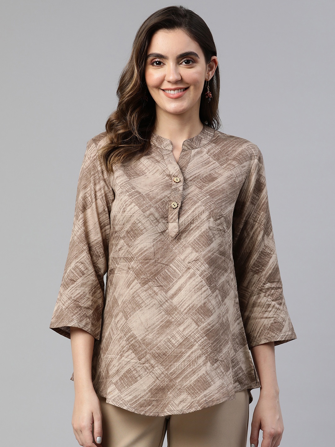 

Cottinfab Printed Mandarin Collar Cotton Longline Top, Brown