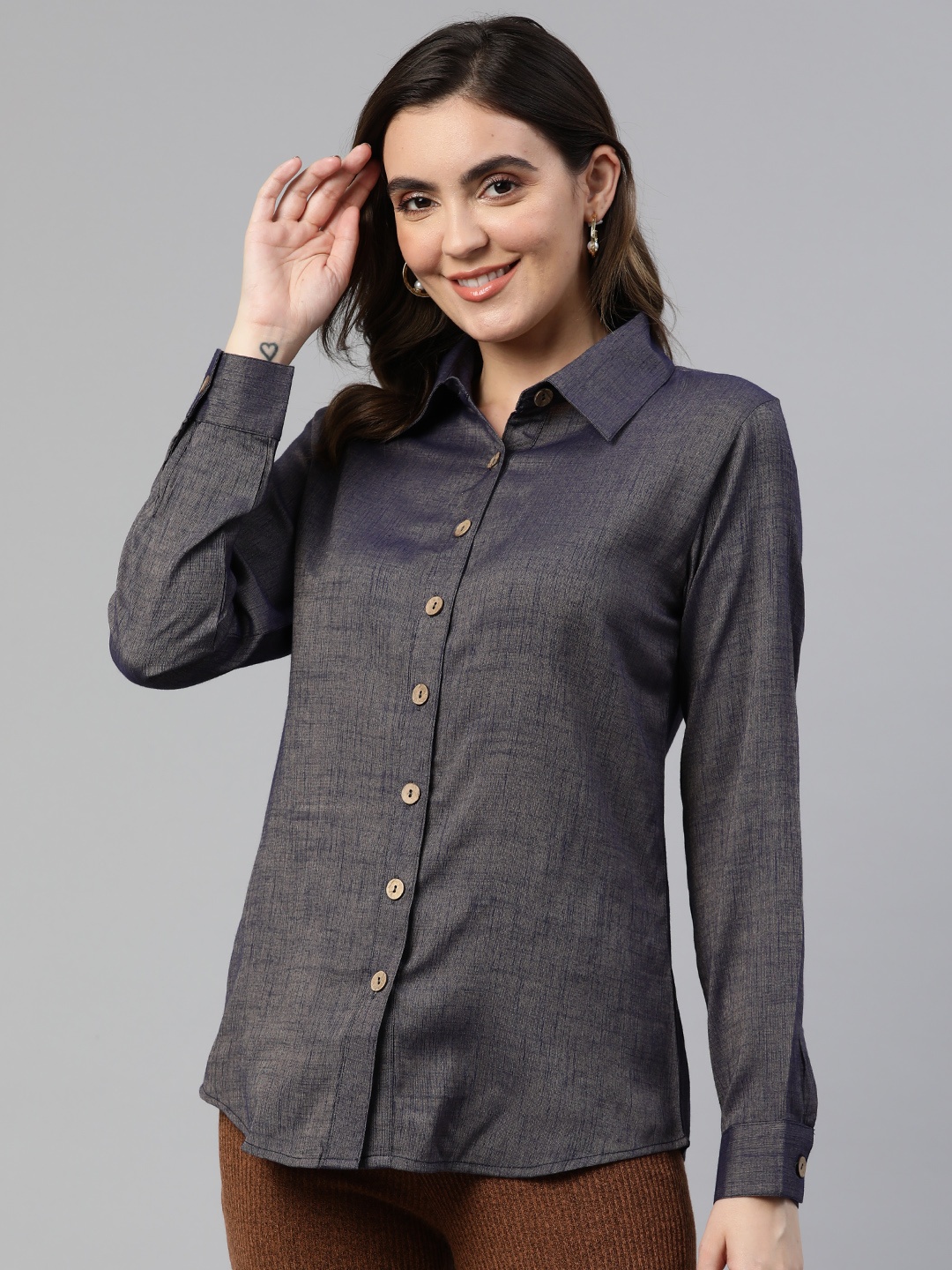 

Cottinfab Shirt Style Longline Top, Navy blue