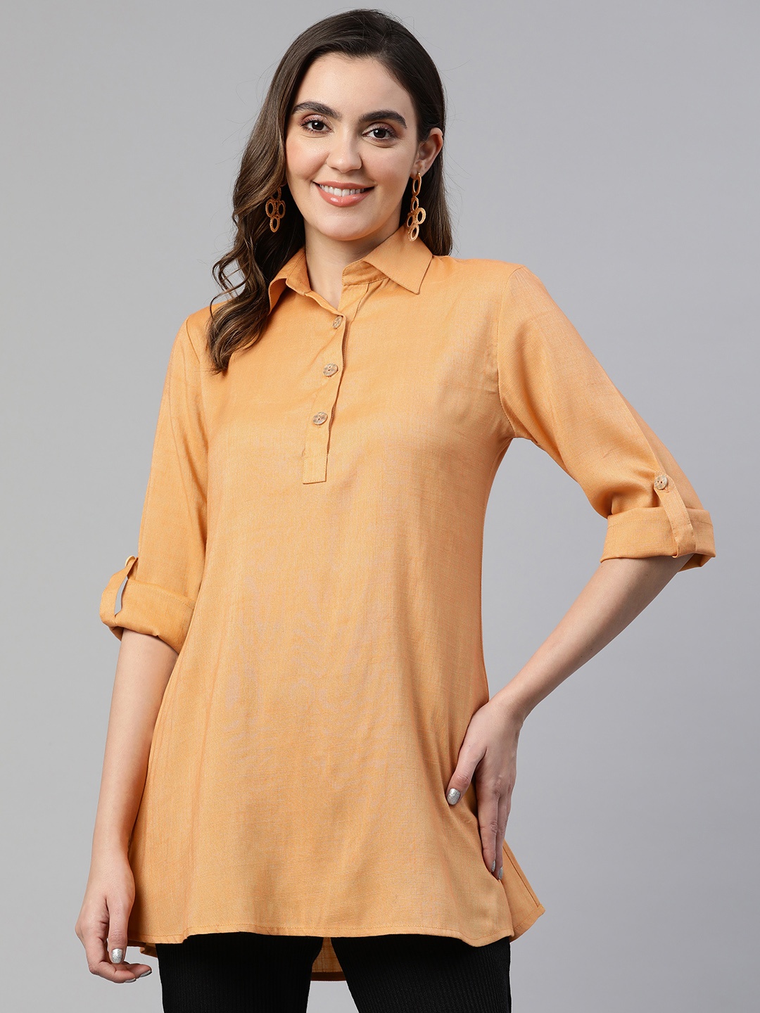 

Cottinfab Roll-Up Sleeves Shirt Style Longline Top, Peach