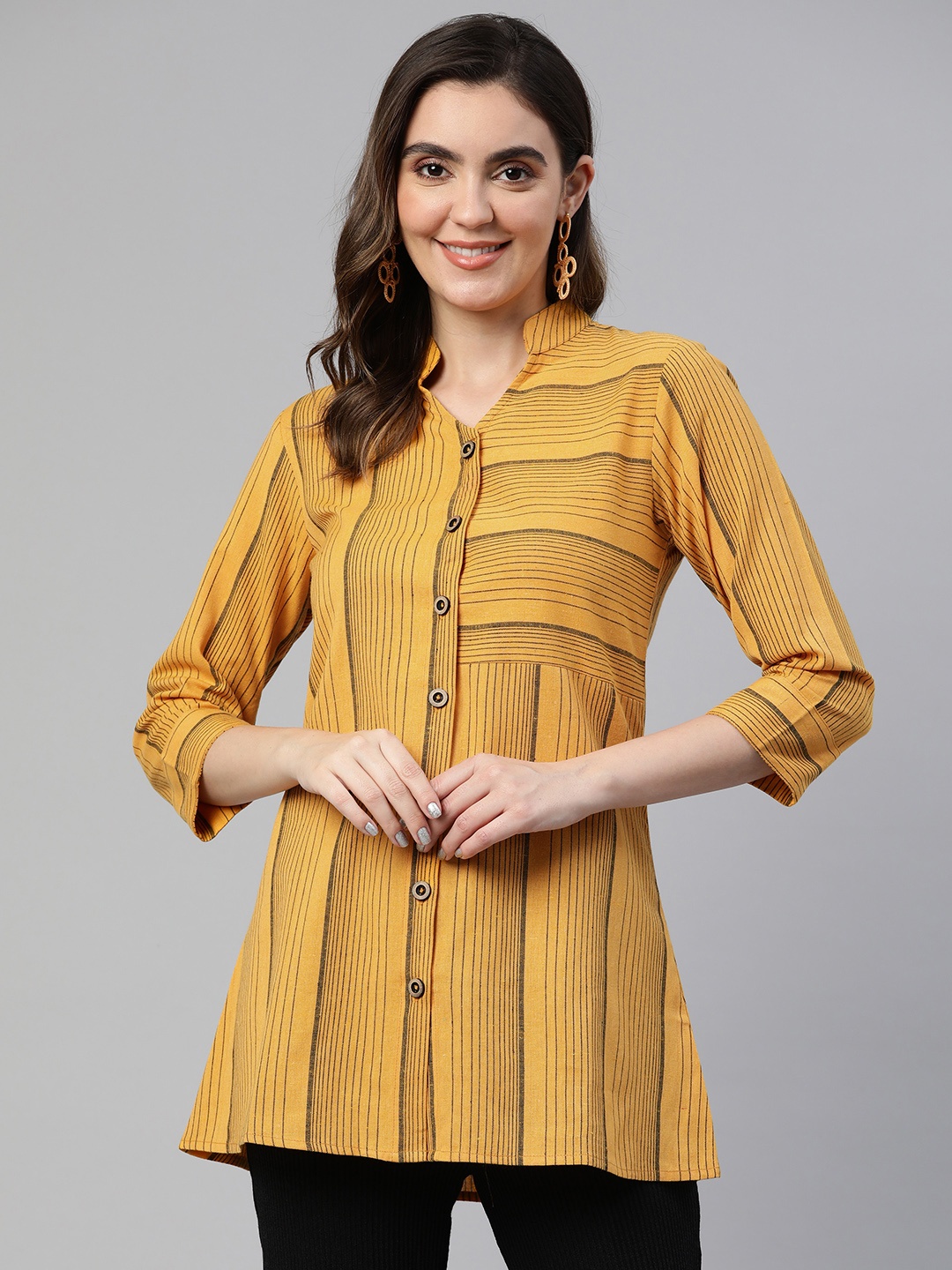 

Cottinfab Striped Mandarin Collar Cotton Shirt Style Longline Top, Mustard