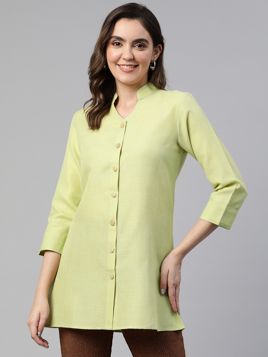 

Cottinfab Mandarin Collar Cotton Shirt Style Longline Top, Green