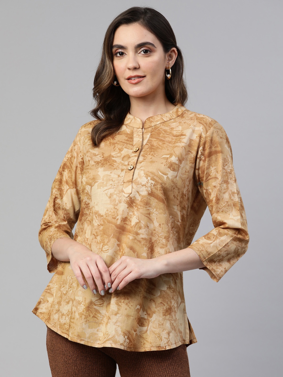 

Cottinfab Floral Print Mandarin Collar Cotton Top, Beige
