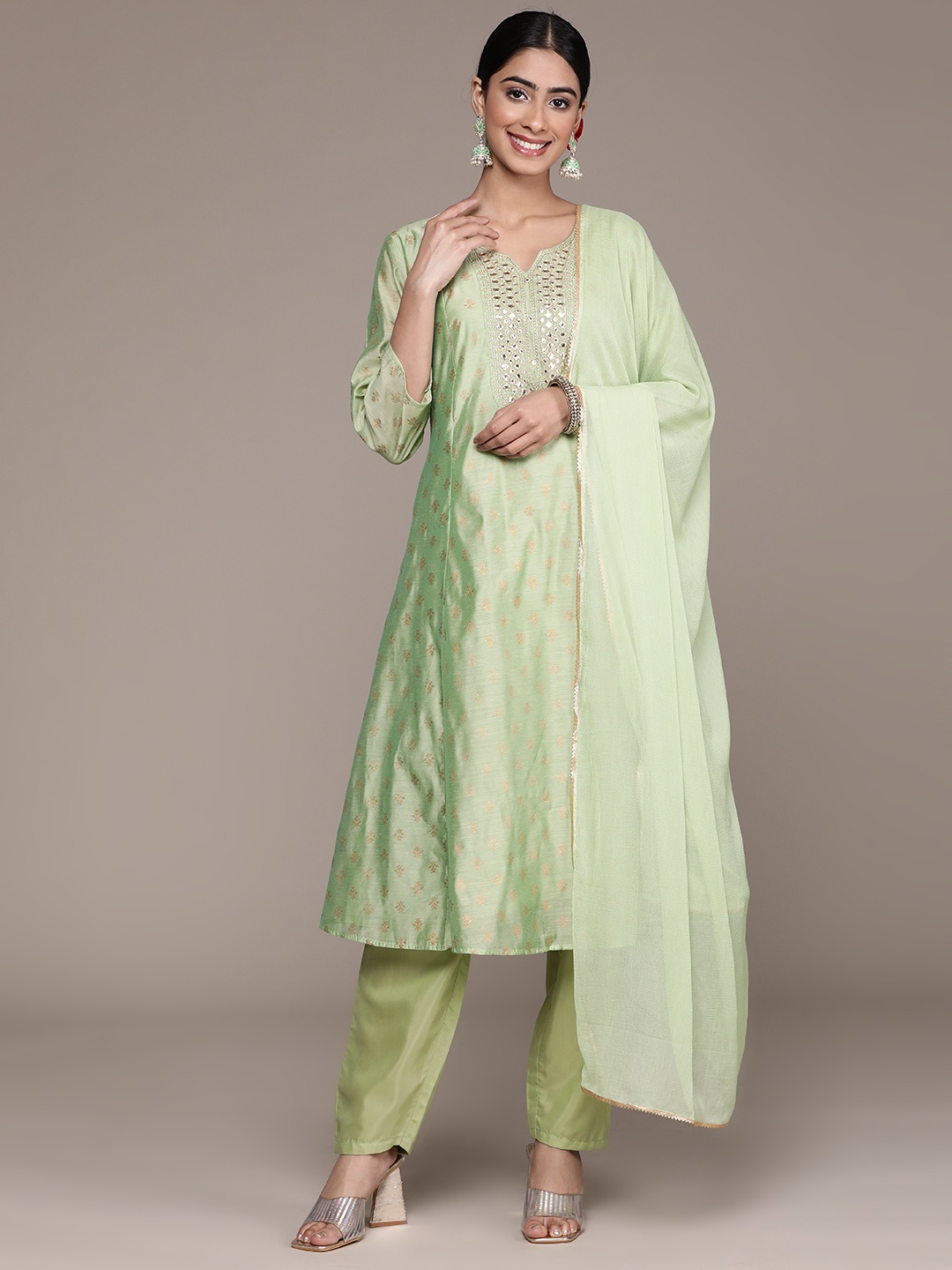 

Ishin Ethnic Motifs Foil Printed Regular Mirror Work Kurta With Trousers & Dupatta, Green