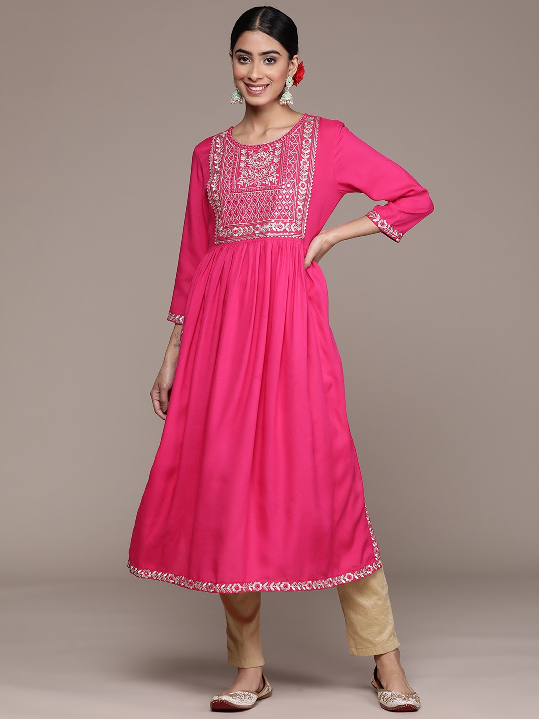 Ishin Embroidered Mirror Work Kurta, Fuchsia